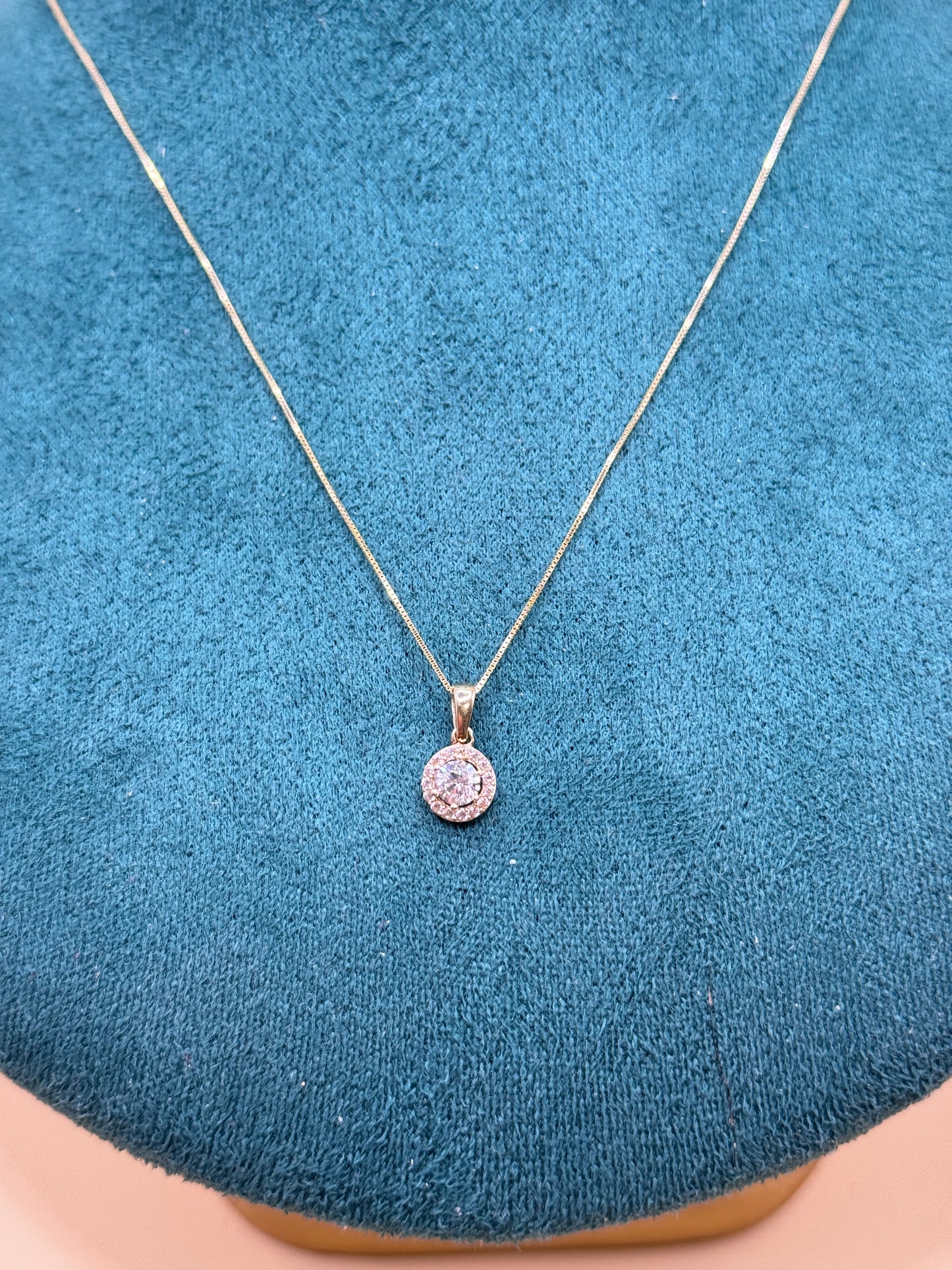 14K Solid Gold Box Chain Necklace 16 Inch with Round CZ Pendant, Dainty Gold Necklace, Minimalist Everyday Jewelry, Gift for Her