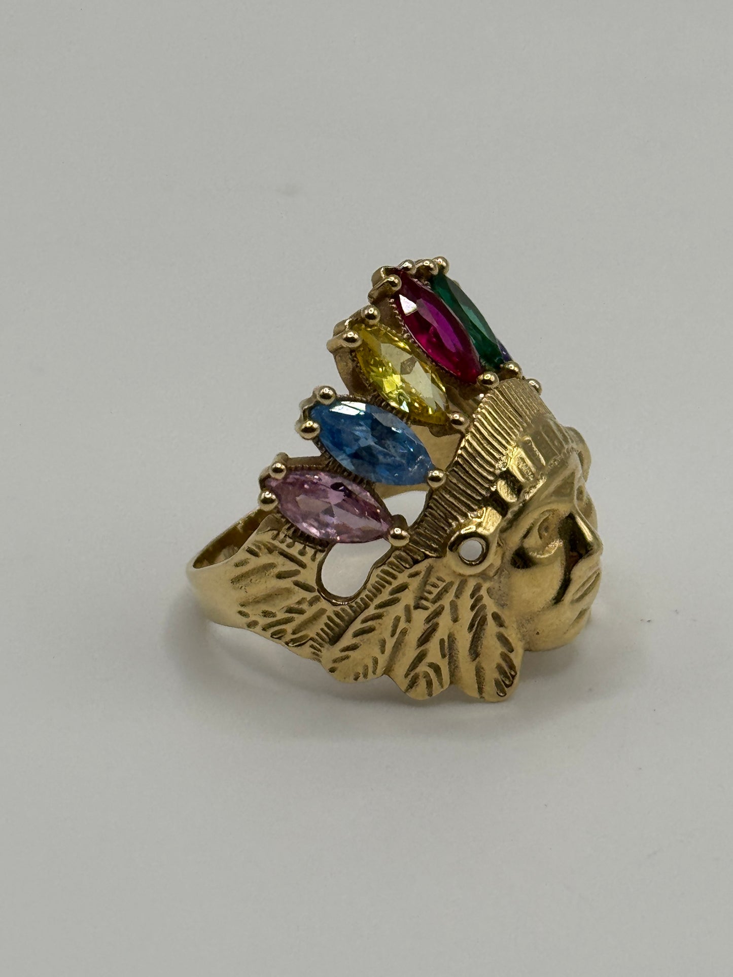 14K Gold Indian Ring with Multi-Stone Head for men size 10”