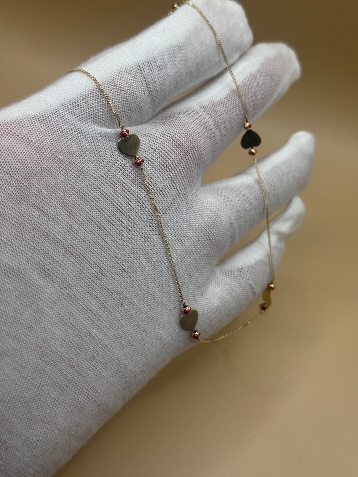 14K Gold Heart Charm Jewelry Set – Adjustable 17” Necklace & 7” Bracelet with Red Accents, Gift for Her
