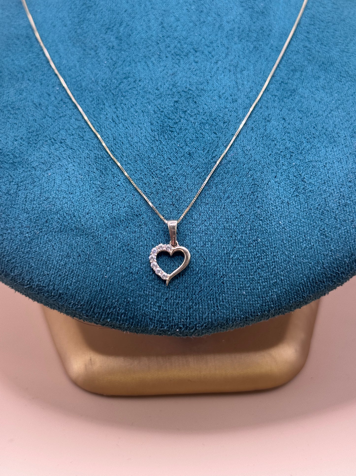 14K Solid Gold Box Chain Necklace 18 Inch with heart CZ Pendant, Dainty Gold Necklace, Minimalist Everyday Jewelry, Gift for Her