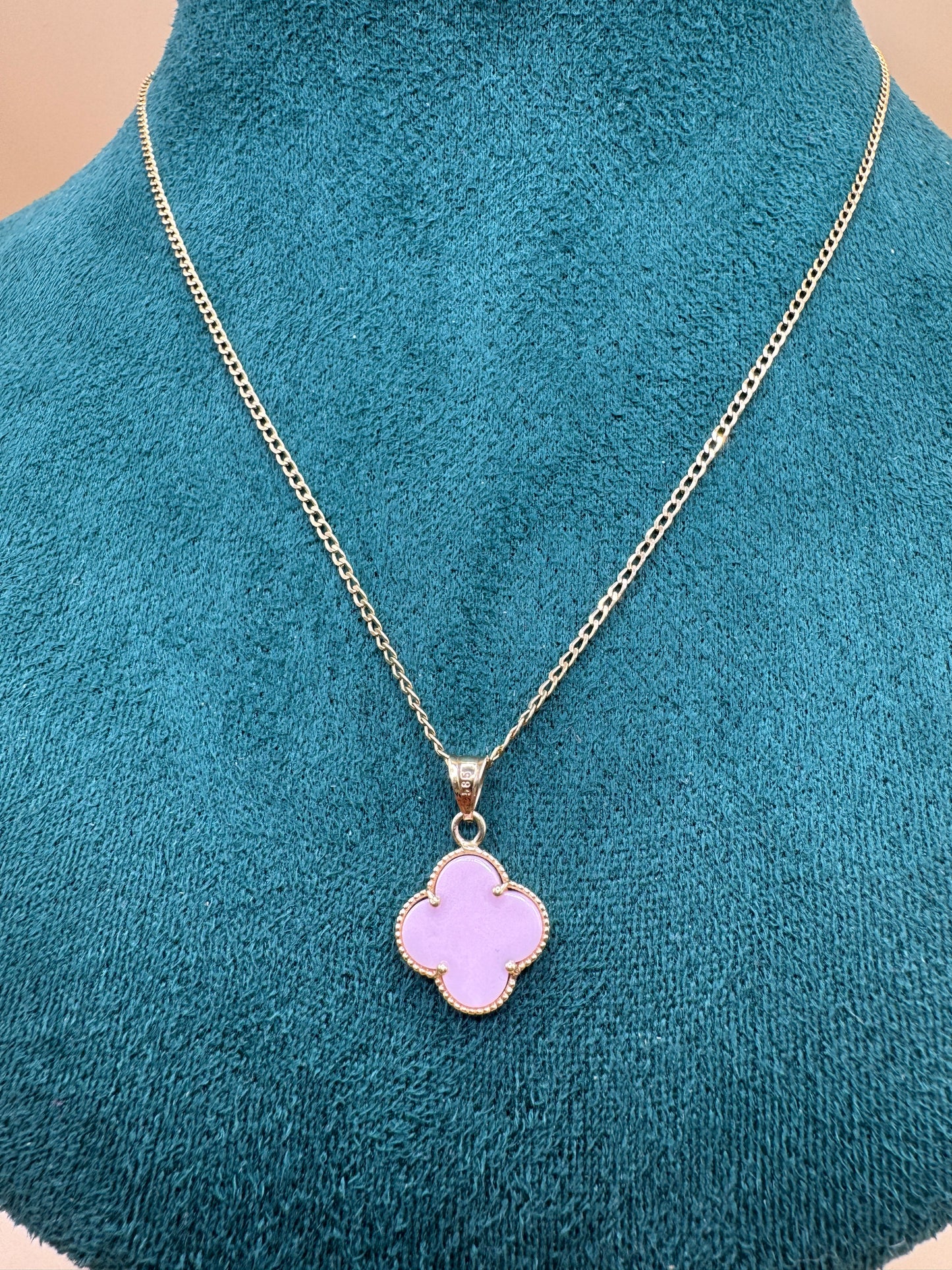 14K Gold Curb Link Necklace for women with pink Clover Pendant – 16”