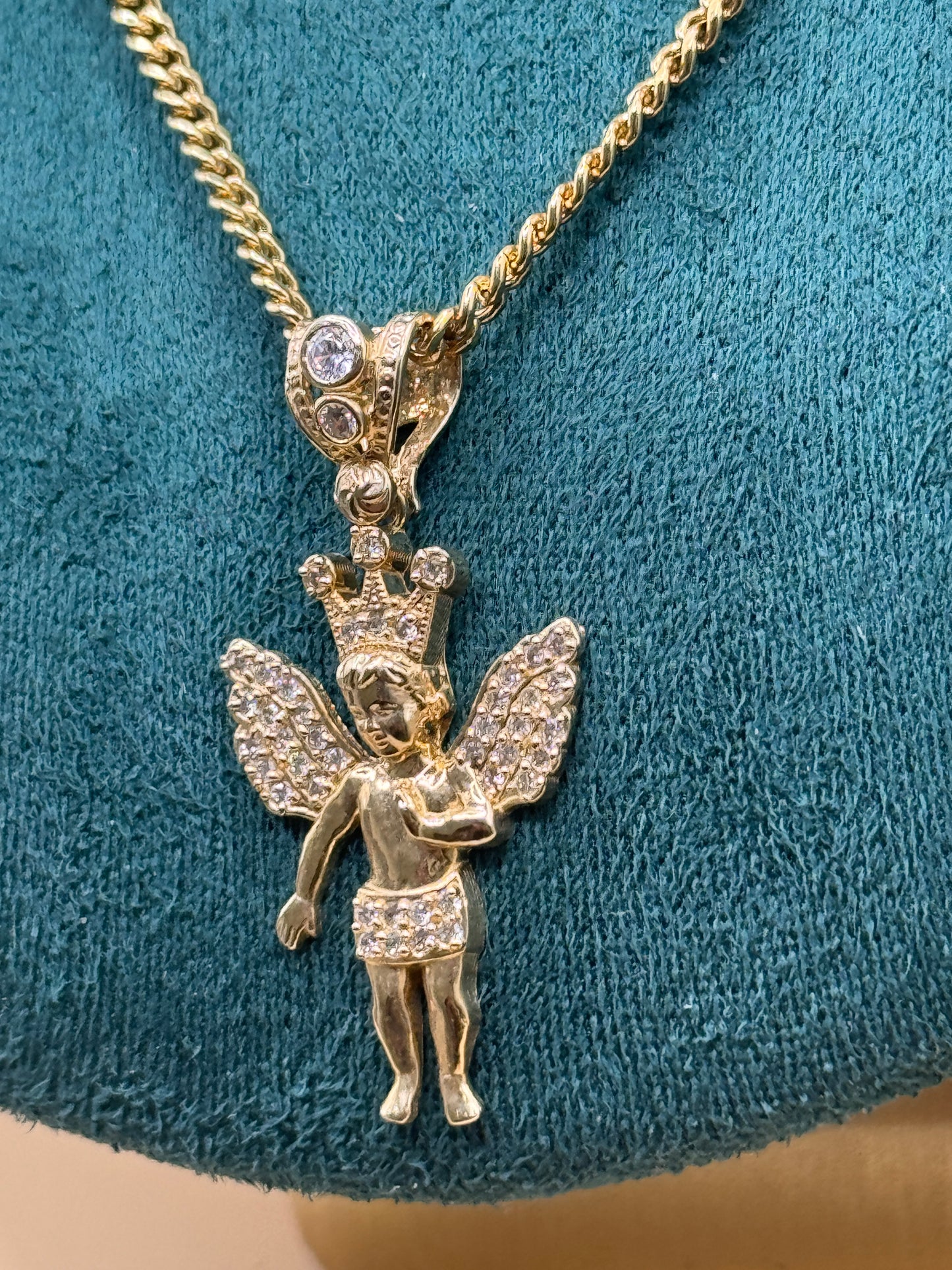 14K Gold Miami Cuban Chain 22 Inch with Angel Pendant, Solid Gold Cuban Link Necklace, Statement Gold Chain, Gift for Him Her