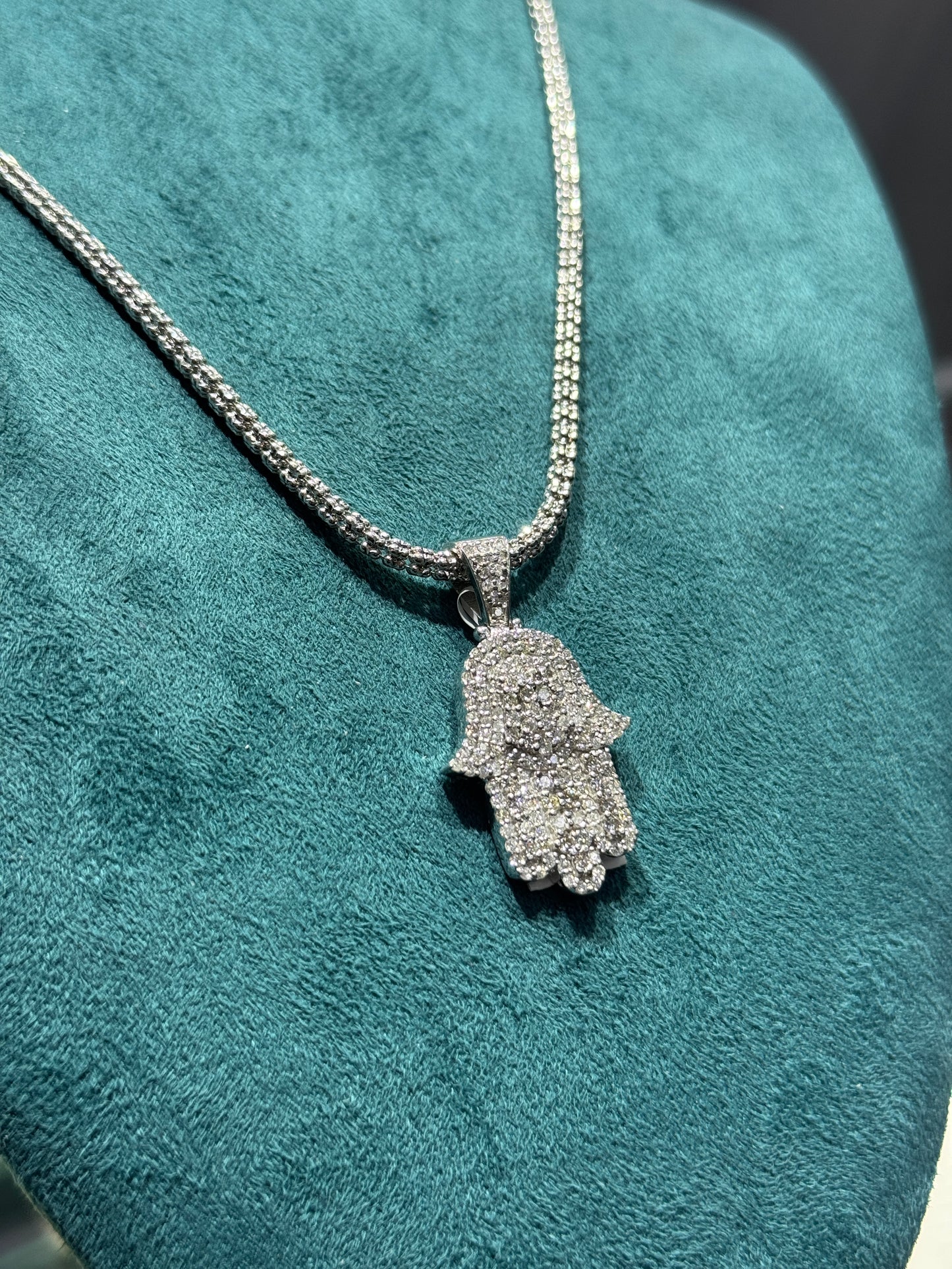 14K White Gold Ice Chain – 24” with Natural Diamond Hamsa Pendant (3mm Chain)