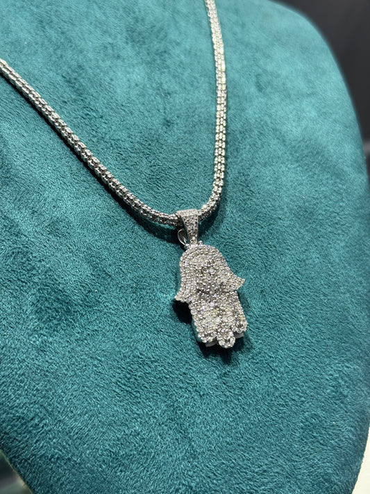 14K White Gold Ice Chain – 24” with Natural Diamond Hamsa Pendant (3mm Chain) unisex