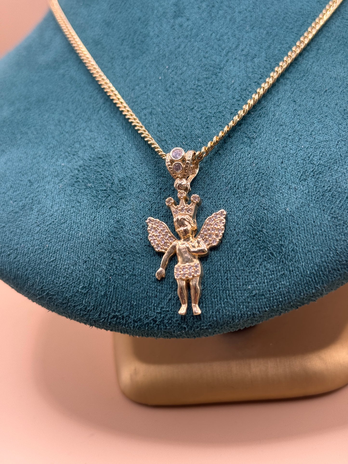 14K Gold Miami Cuban Chain 22 Inch with Angel Pendant, Solid Gold Cuban Link Necklace, Statement Gold Chain, Gift for Him Her
