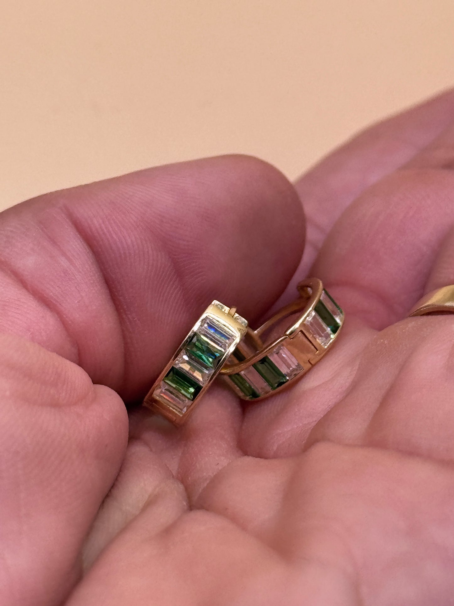 14K Gold Baguette Hoop Earrings with Emerald – Luxury Gold Hoops for Women, Green Stone Earrings