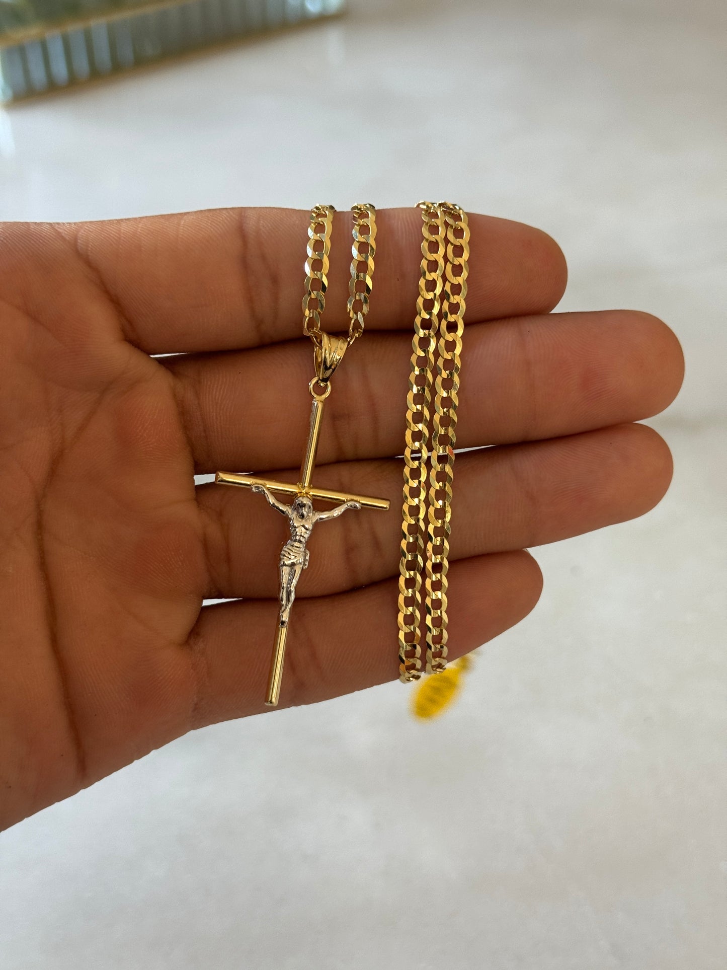 14K Gold Curb Link Chain with Crucifix for Men