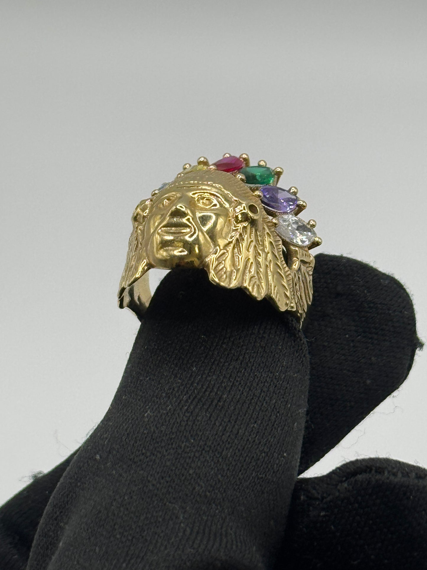 14K Gold Indian Ring with Multi-Stone Head for men size 10”