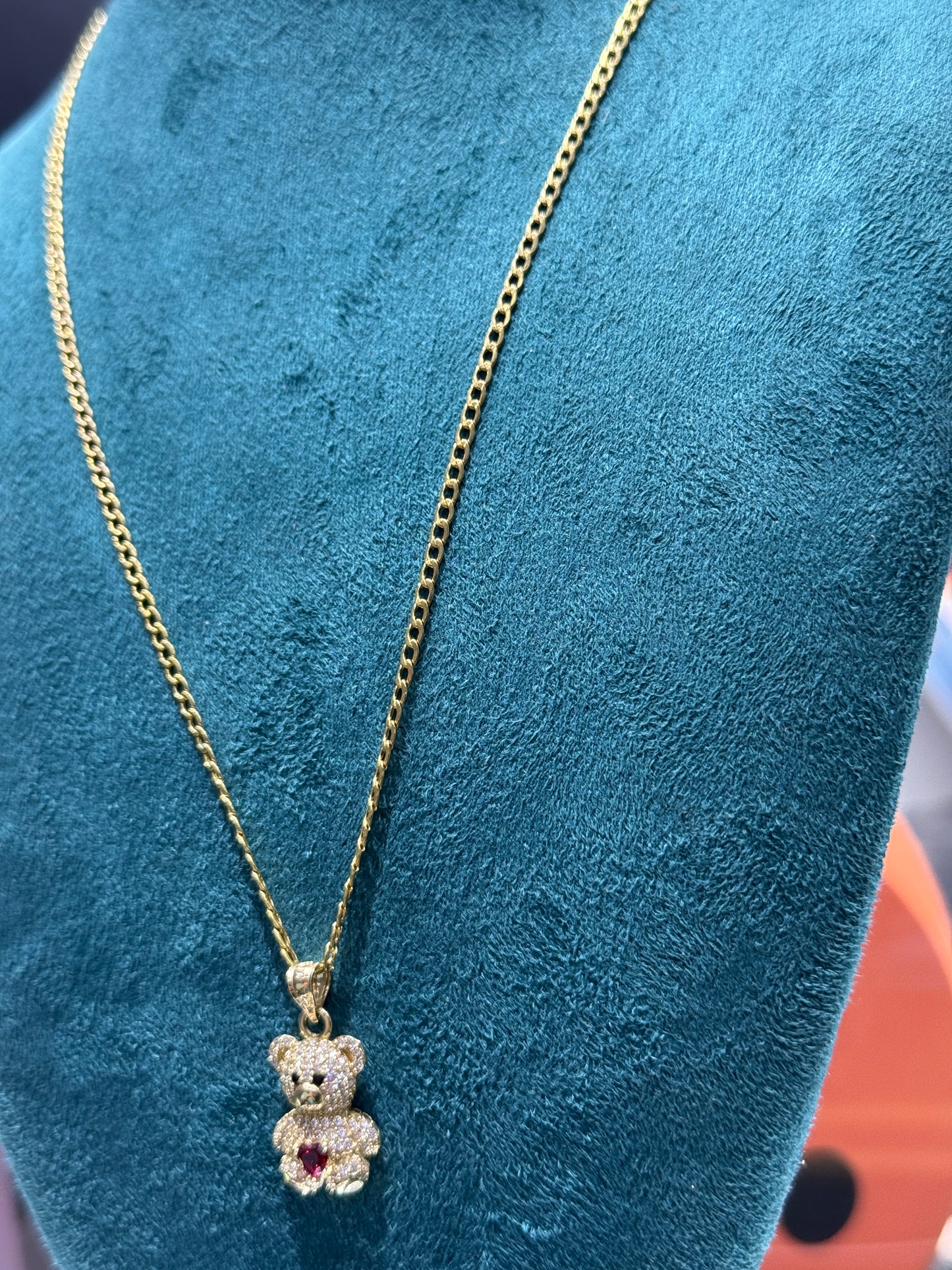 14K Gold Curbed Link Chain 20”inch long 2.4mm with teddy bear pendant necklace for women
