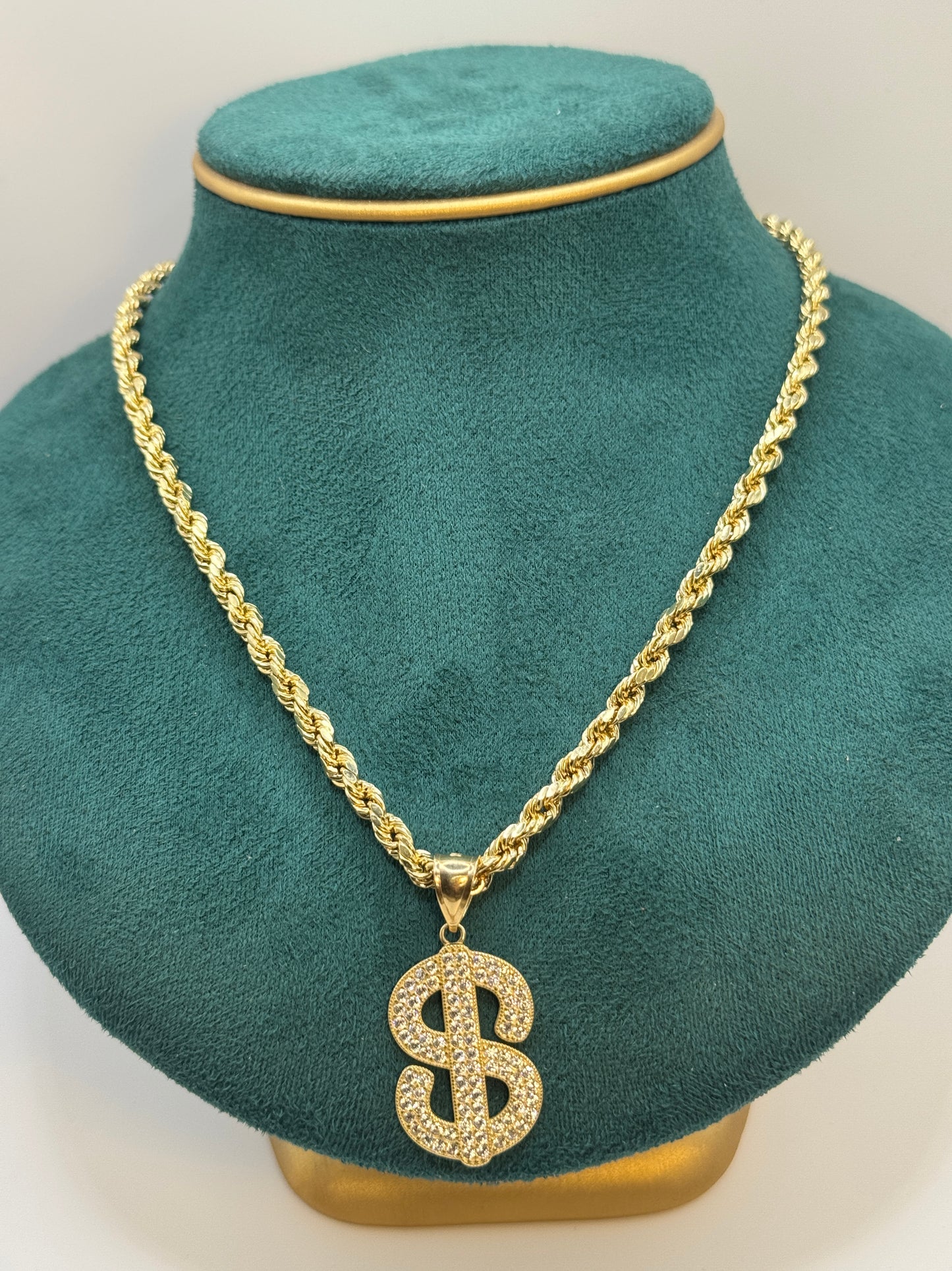 14K Gold Rope Chain Necklace with Money Sign Pendant – Men’s Luxury