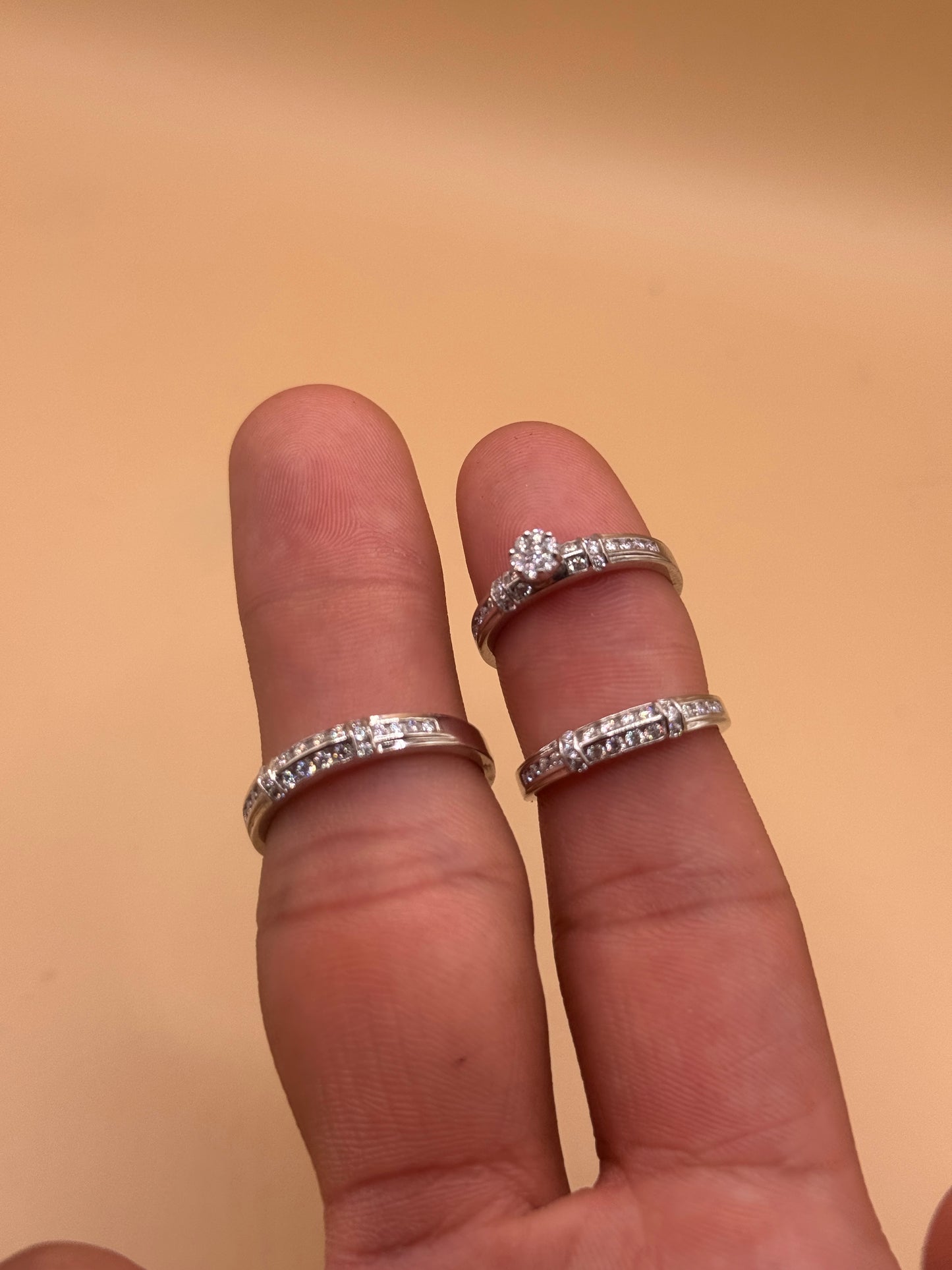 White Gold Engagement Ring Trio Set CZ, His and Hers Wedding Rings Size 10 and 7, Matching Bridal Set, Cubic Zirconia Rings