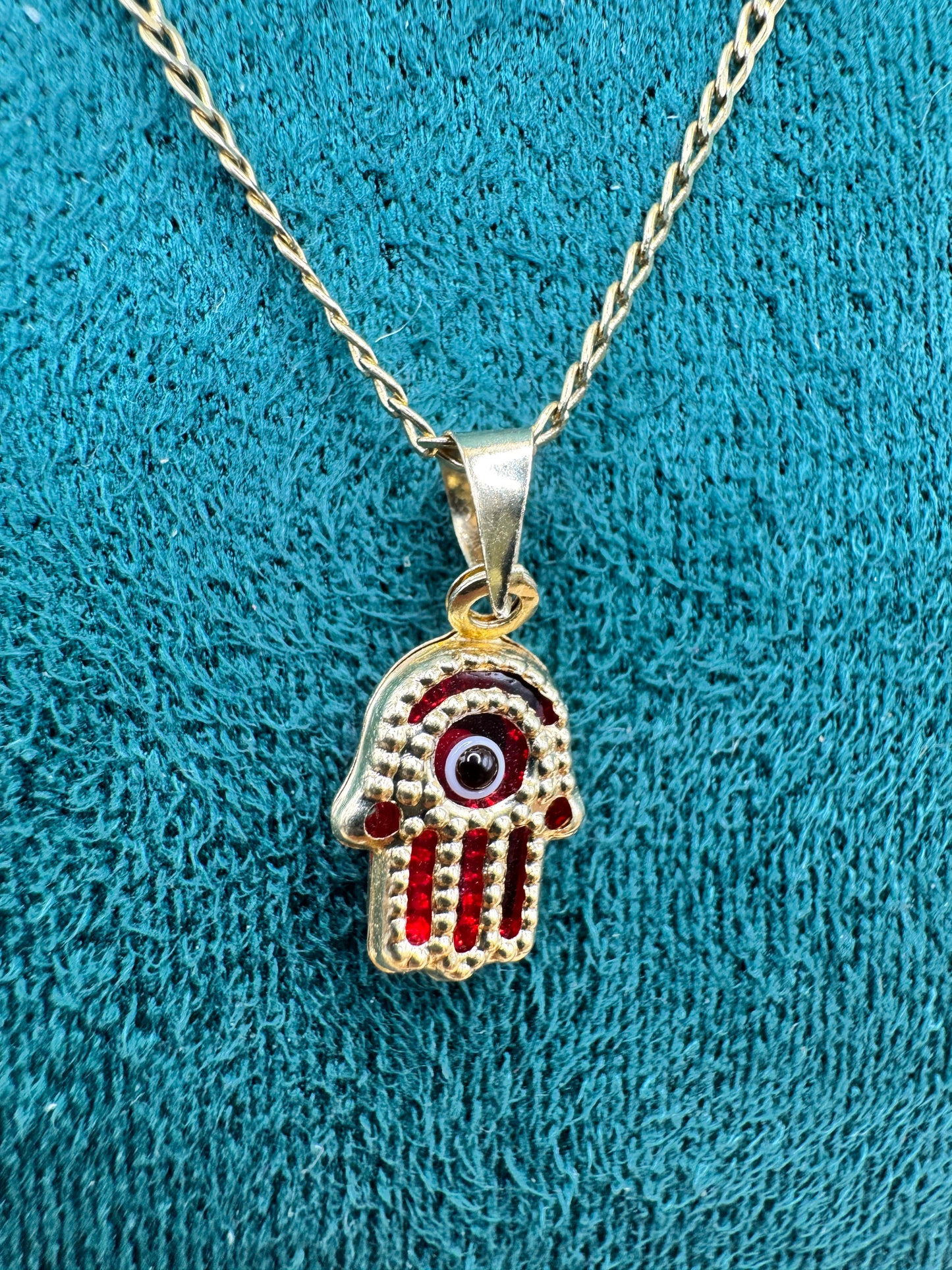 14K Gold Curb Link Necklace – 18” with Red Evil Eye Hamsa Pendant for women