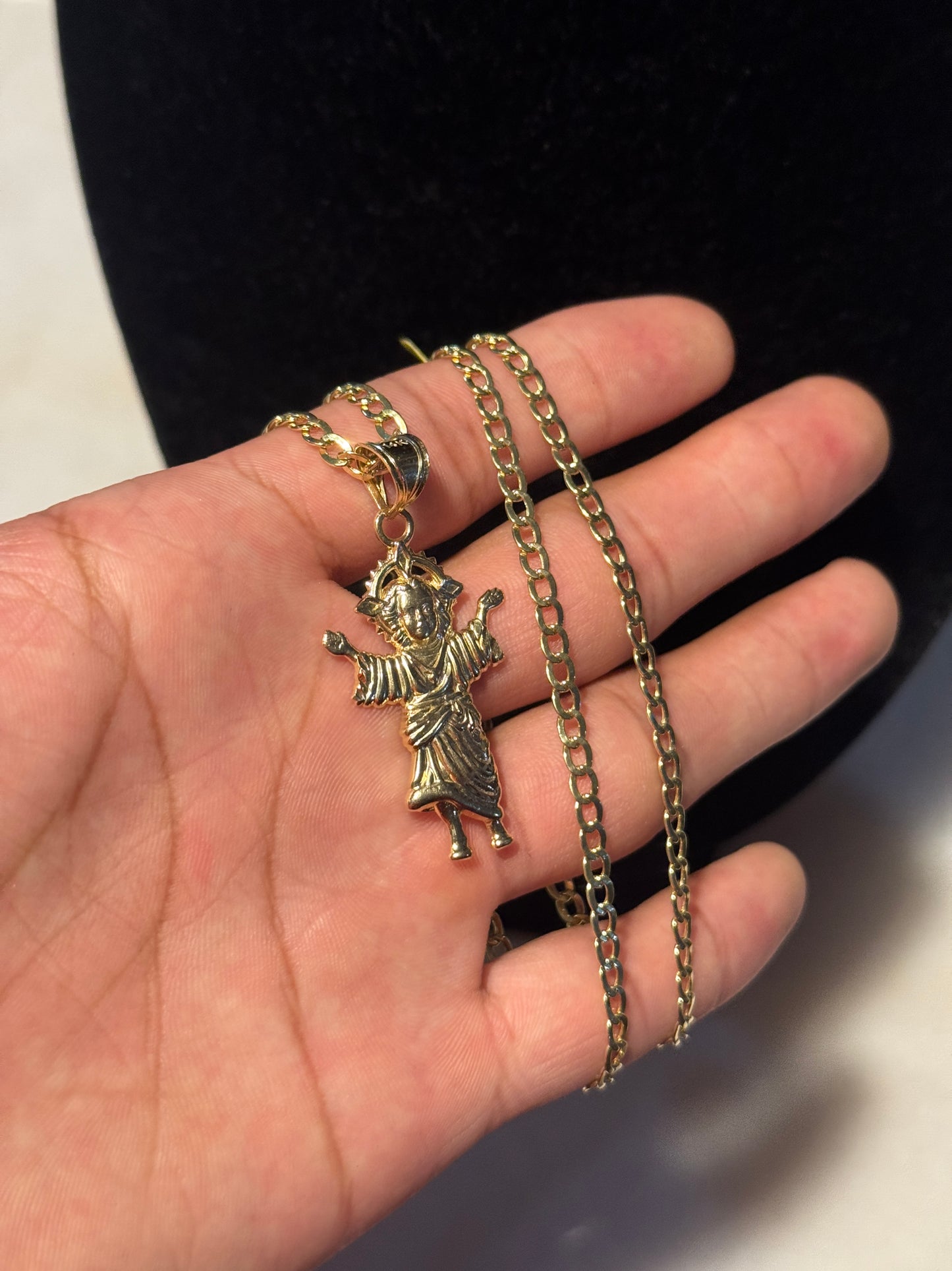 14K Gold Semi-Solid Curb Link chain with Divine Child Pendant- for Men