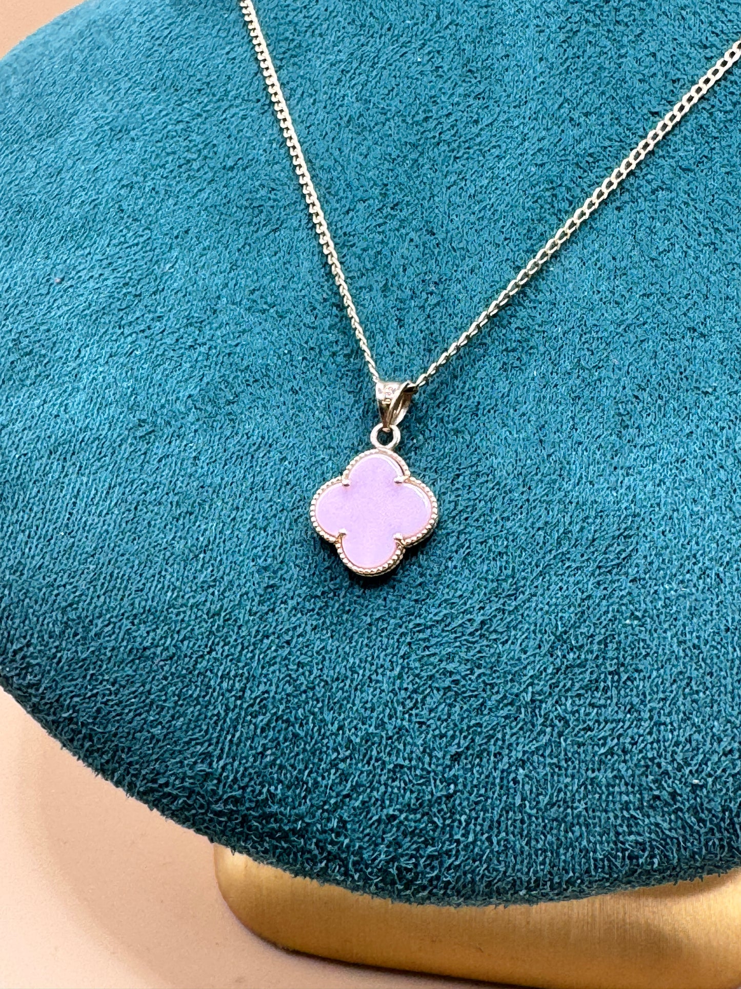 14K Gold Curb Link Necklace for women with pink Clover Pendant – 16”