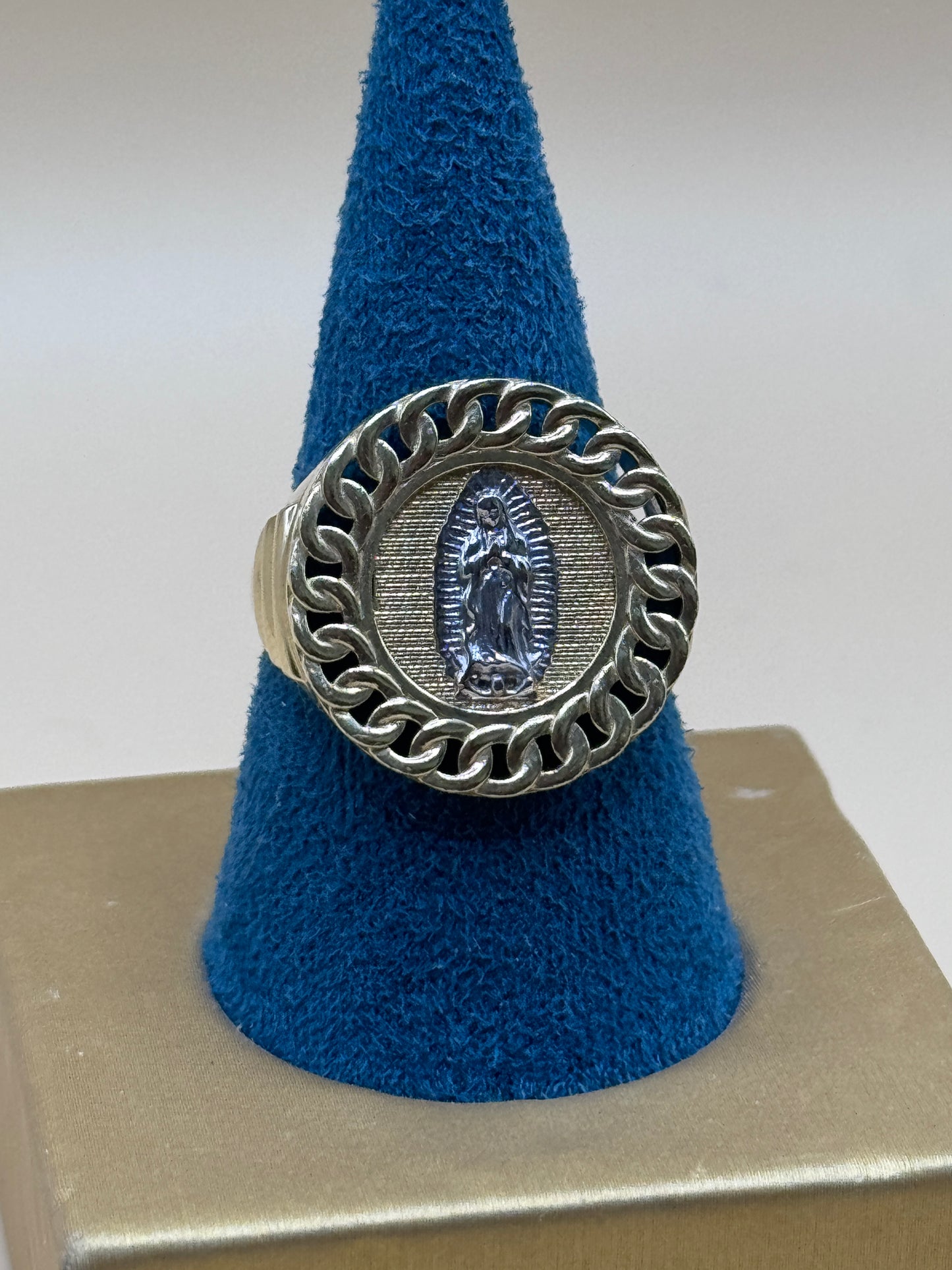 14K Two Tone Gold Virgin Mary Ring Size 10.5 – Unisex Religious Ring, Real Gold Faith Jewelry