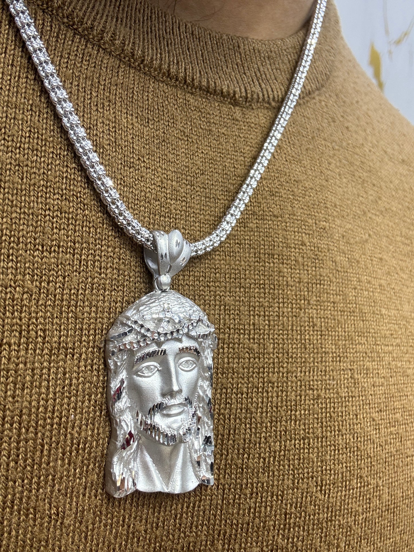 14K White Gold Moon Ice Chain – 20” with Jesus Face Pendant