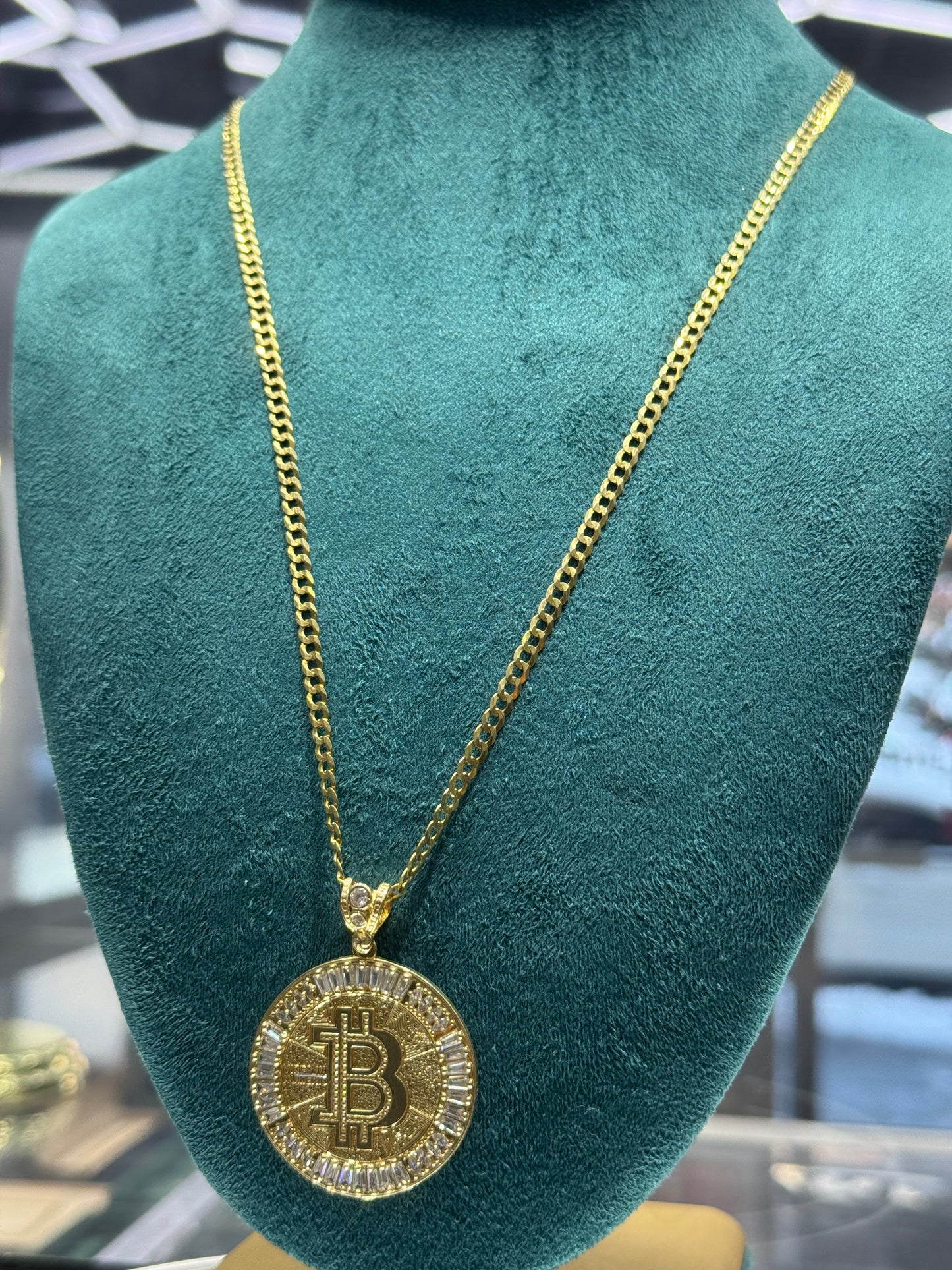 14K Gold Curb Link 22” Chain with Bitcoin Pendant unisex