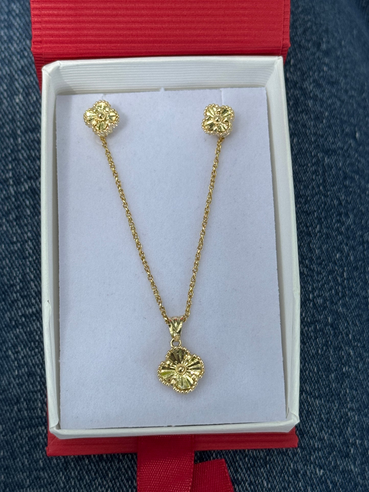 14k gold clover necklace, and earrings combo bundle