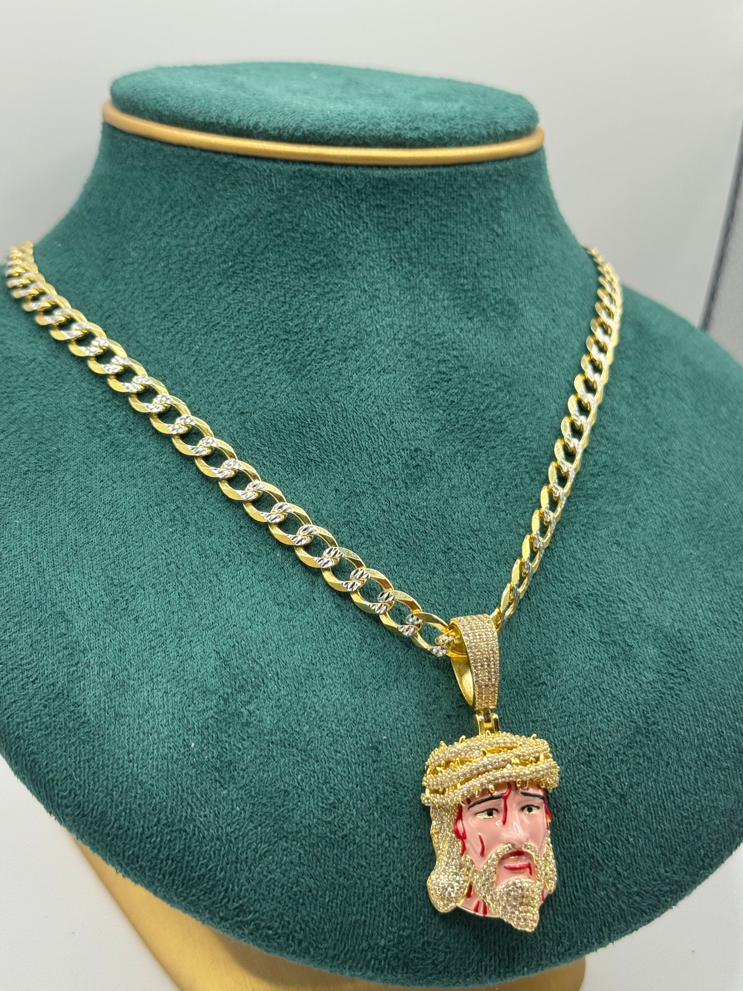 925 silver gold plated curb link chain 24” with Jesus pendant