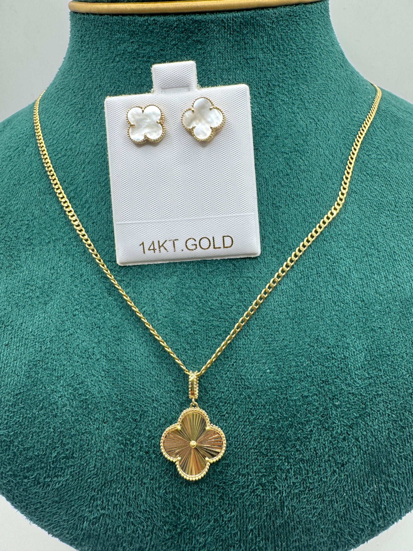 14K Gold Clover Bundle – 20” Curb Link Necklace for women with Clover Pendant & Clover Earrings