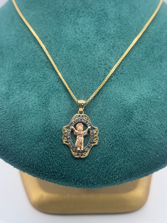 14K Gold Box Chain Necklace with Divine Child Jesus Pendant – 24 Inches | Unisex
