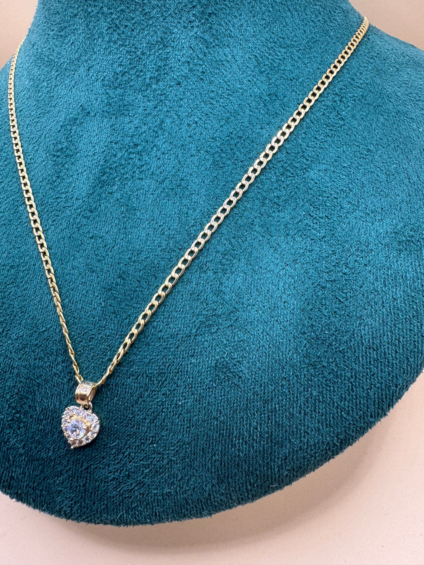 14K Gold Curb Link Chain – 20” with CZ Heart Pendant for her