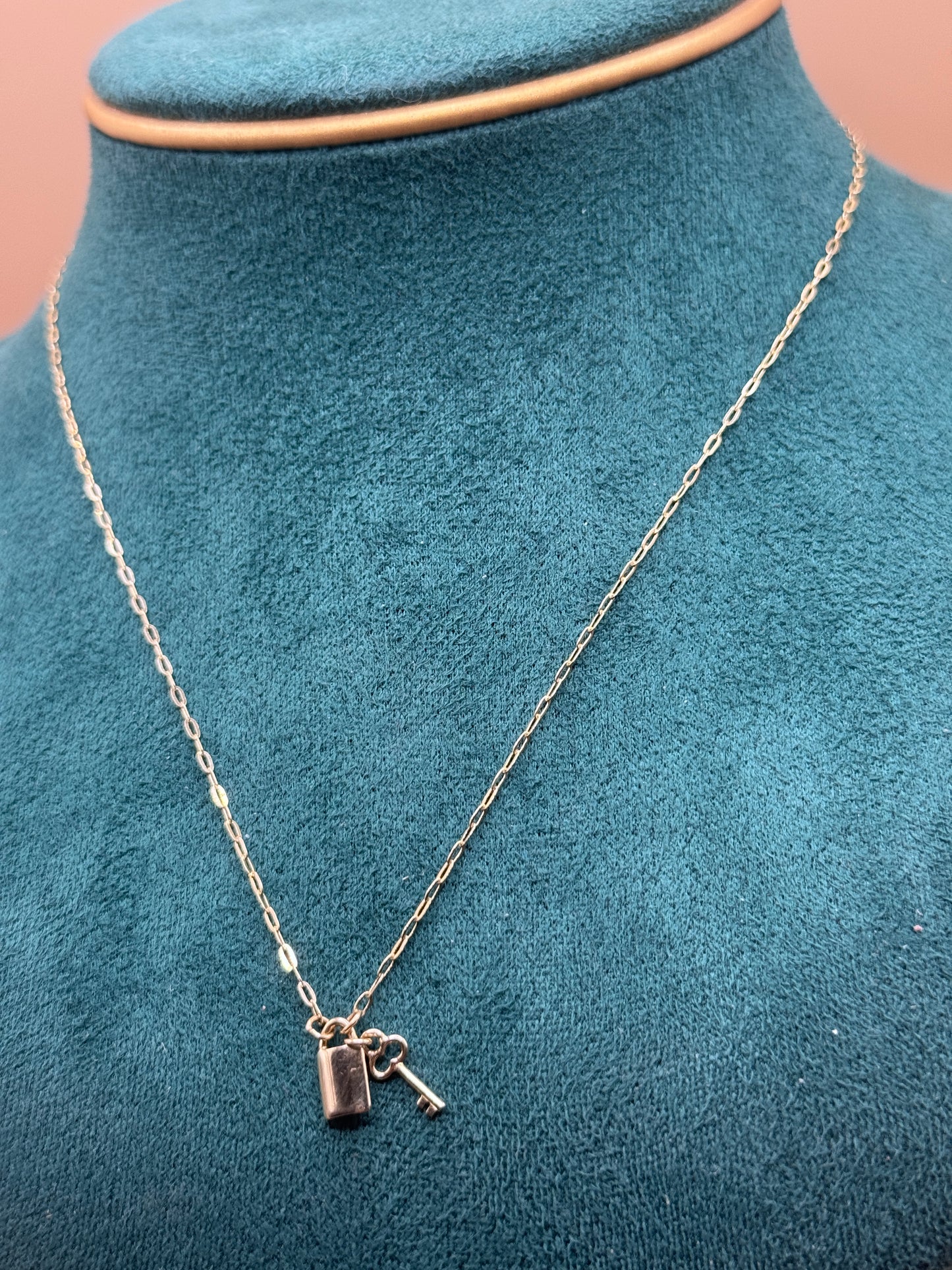 14K Gold Paperclip Charm Necklace – 16” Adjustable with Lock Pendant (Women)