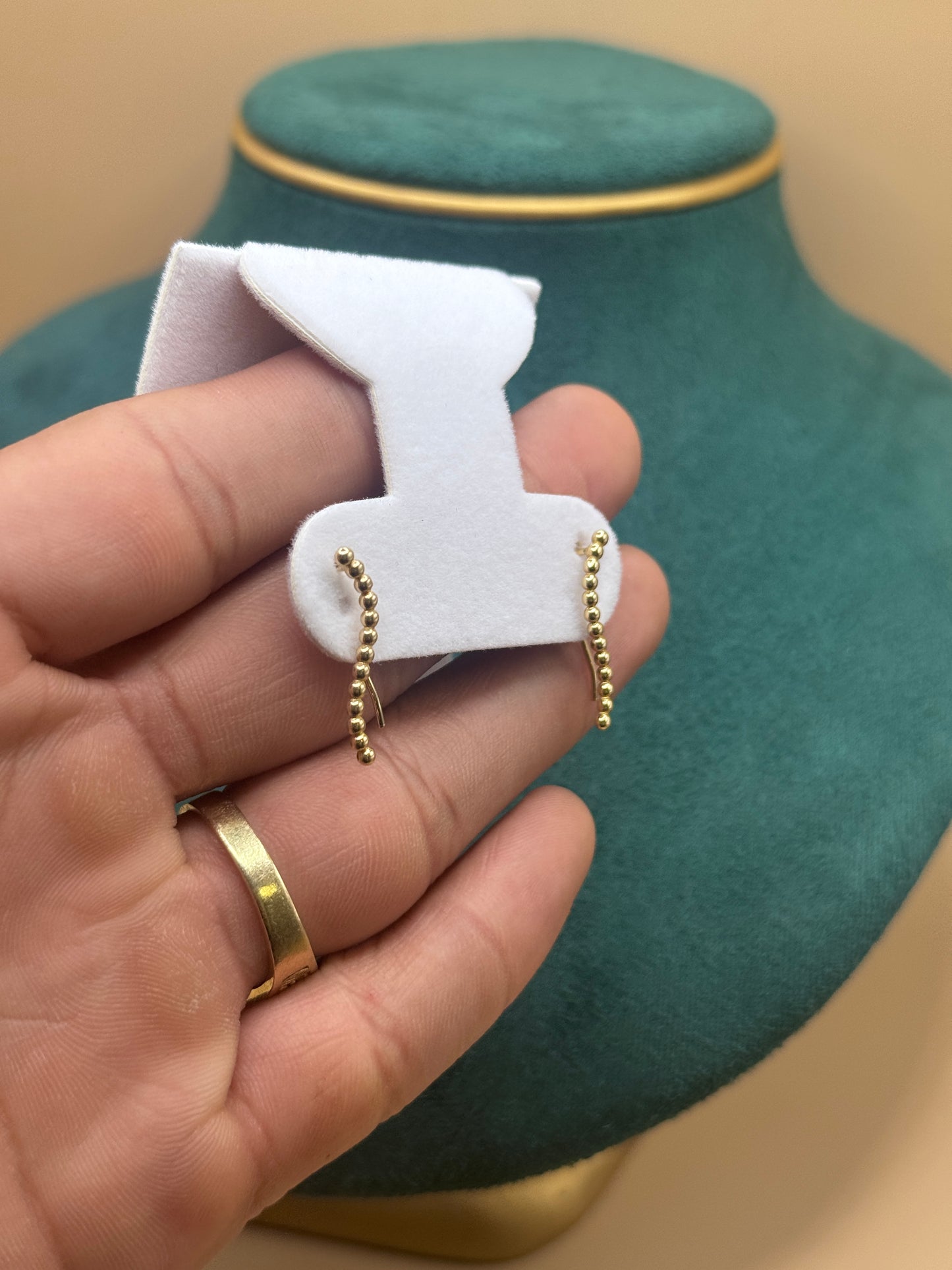 14K Gold Beaded Ear Climbers – Minimalist Gold Ear Crawler Earrings for Women, Dainty Jewelry