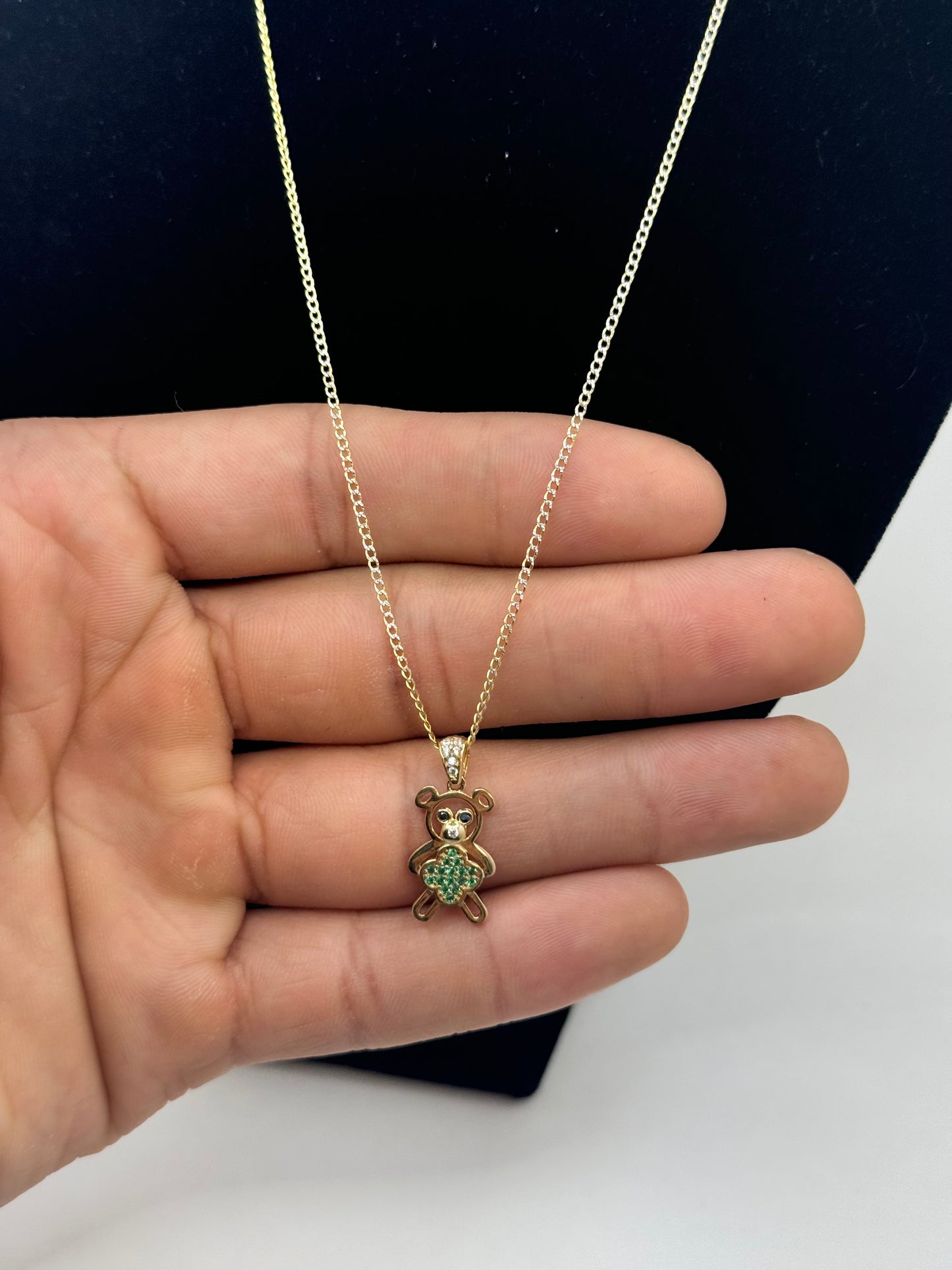 14k Gold 2 tone Cuban link with teddy bear pendant unisex