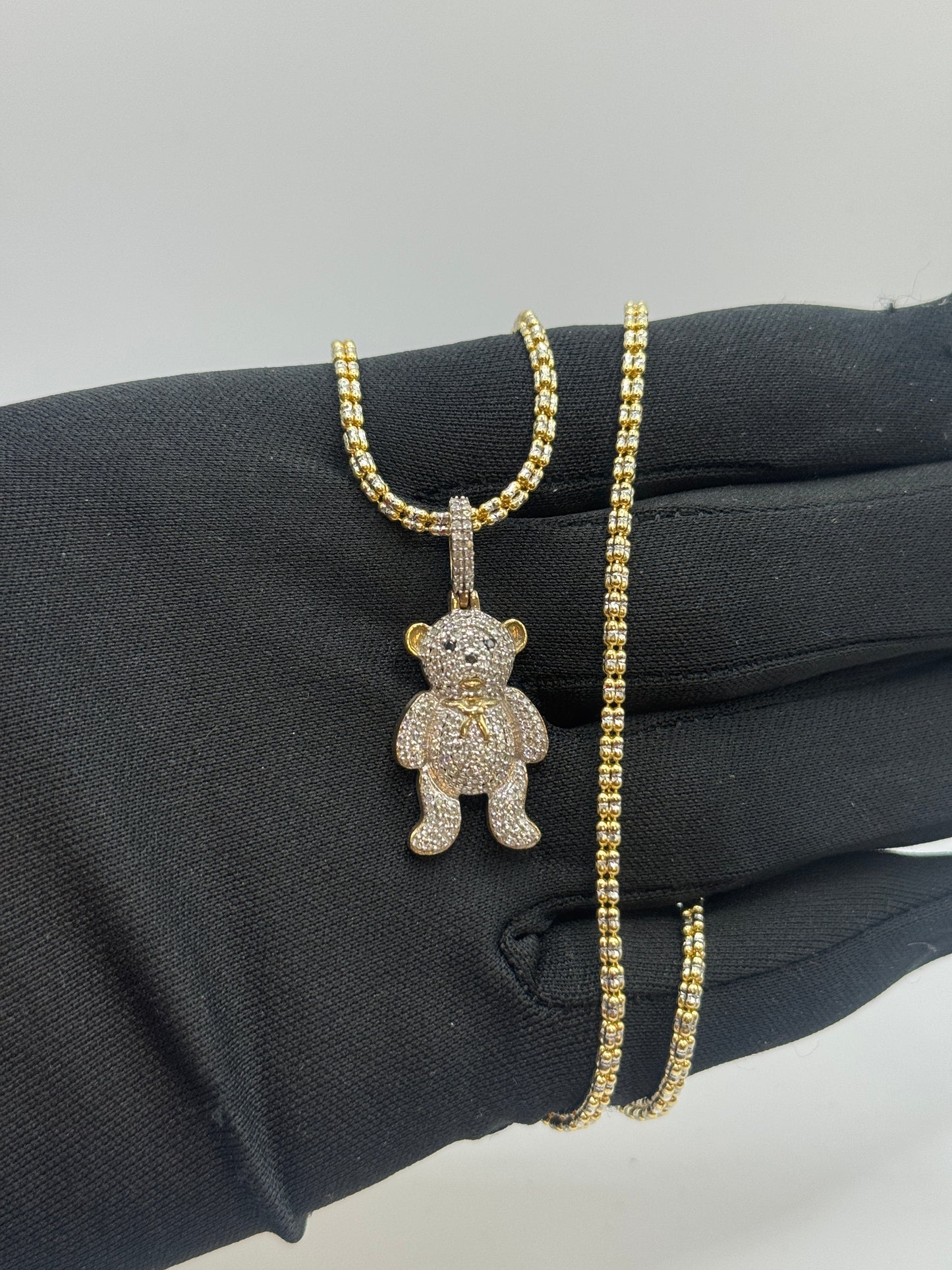 14K Gold Iced Chain 20” long with Diamond Teddy Bear Pendant – Unisex Statement