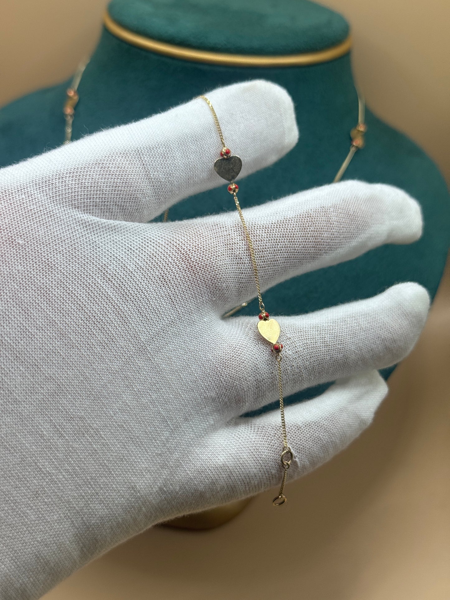 14K Gold Heart Charm Jewelry Set – Adjustable 17” Necklace & 7” Bracelet with Red Accents, Gift for Her