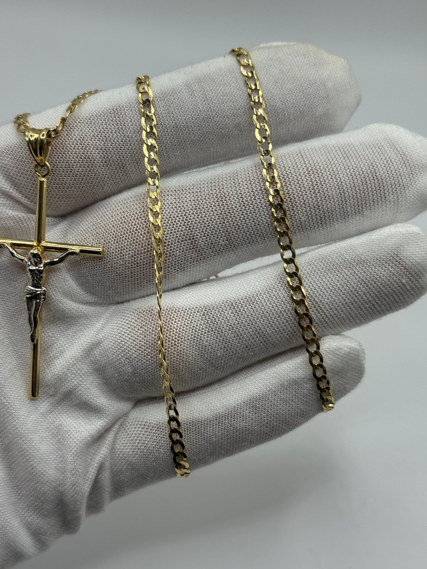 14K Gold Curb Link Necklace with Jesus Crucifix Pendant – 22” (3.3mm) for men