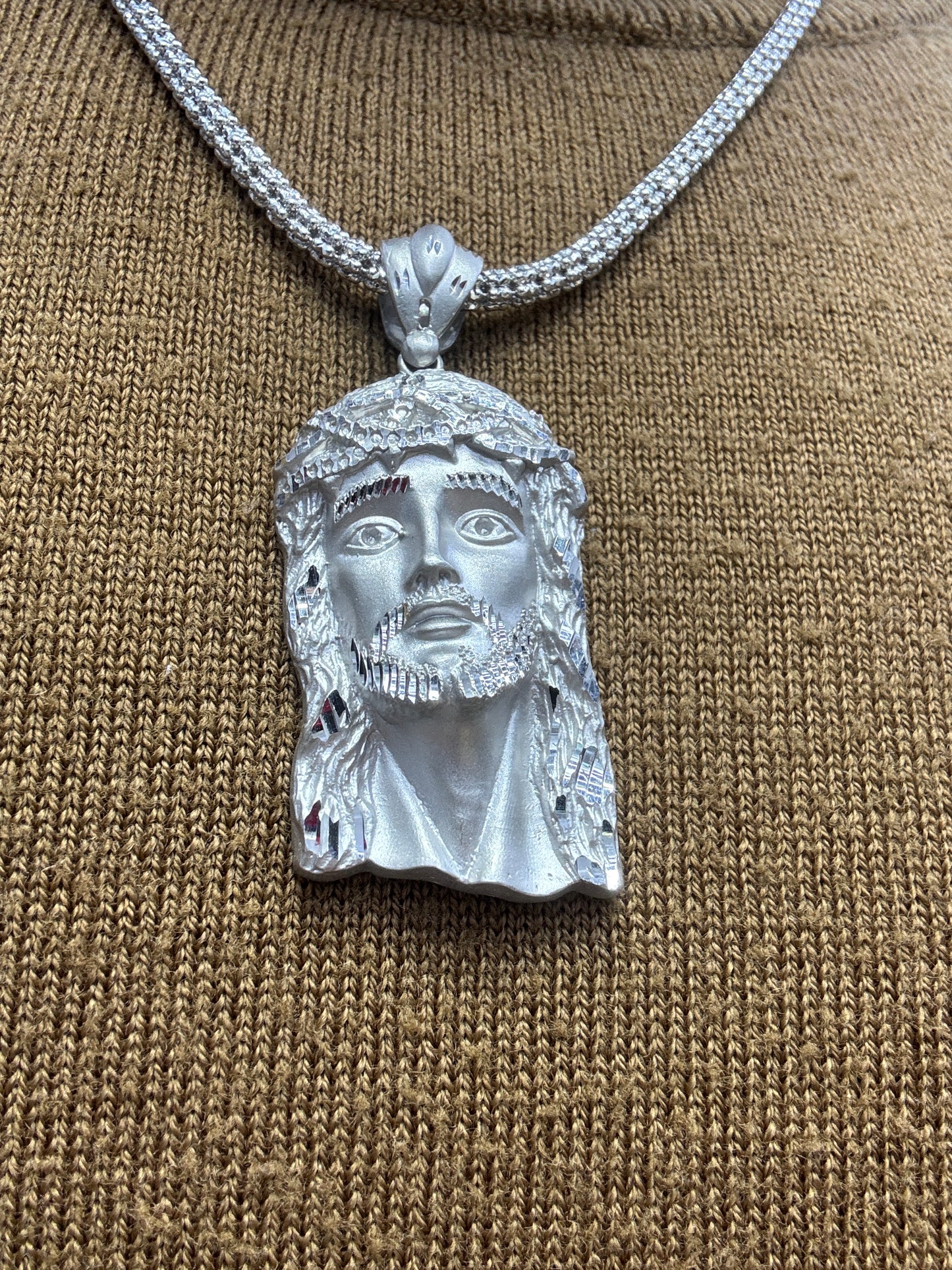 14K White Gold Moon Ice Chain – 20” with Jesus Face Pendant