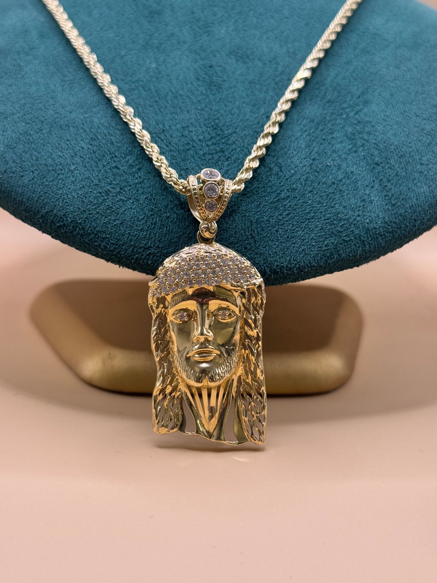 14K Gold Rope Chain 22” with Jesus Face Pendant – Real Gold Necklace 13–16g, Religious Jewelry for Men & Women