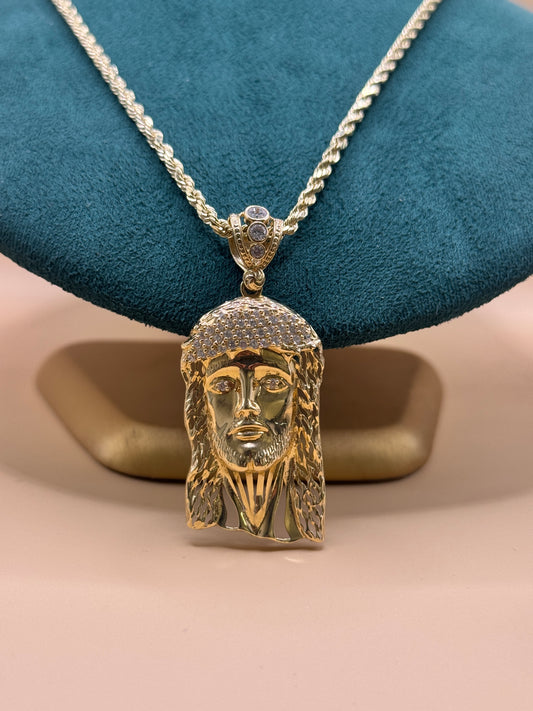 14K Gold Rope Chain 22” with Jesus Face Pendant – Real Gold Necklace 13–16g, Religious Jewelry for Men & Women