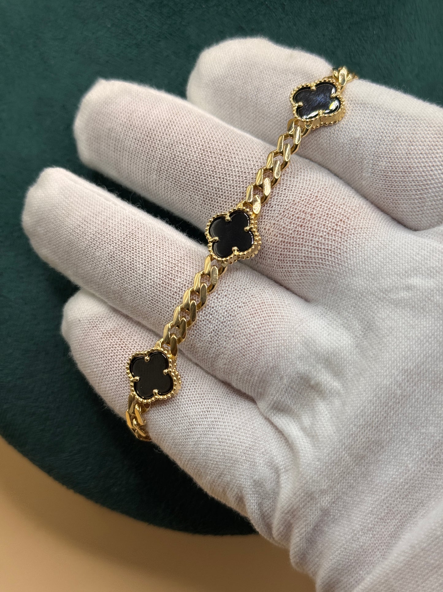 14K Gold Flat Cuban Link Bracelet 7.5 Inch with Black Clover Charm, Solid Gold Clover Bracelet, Luxury Gold Jewelry Gift