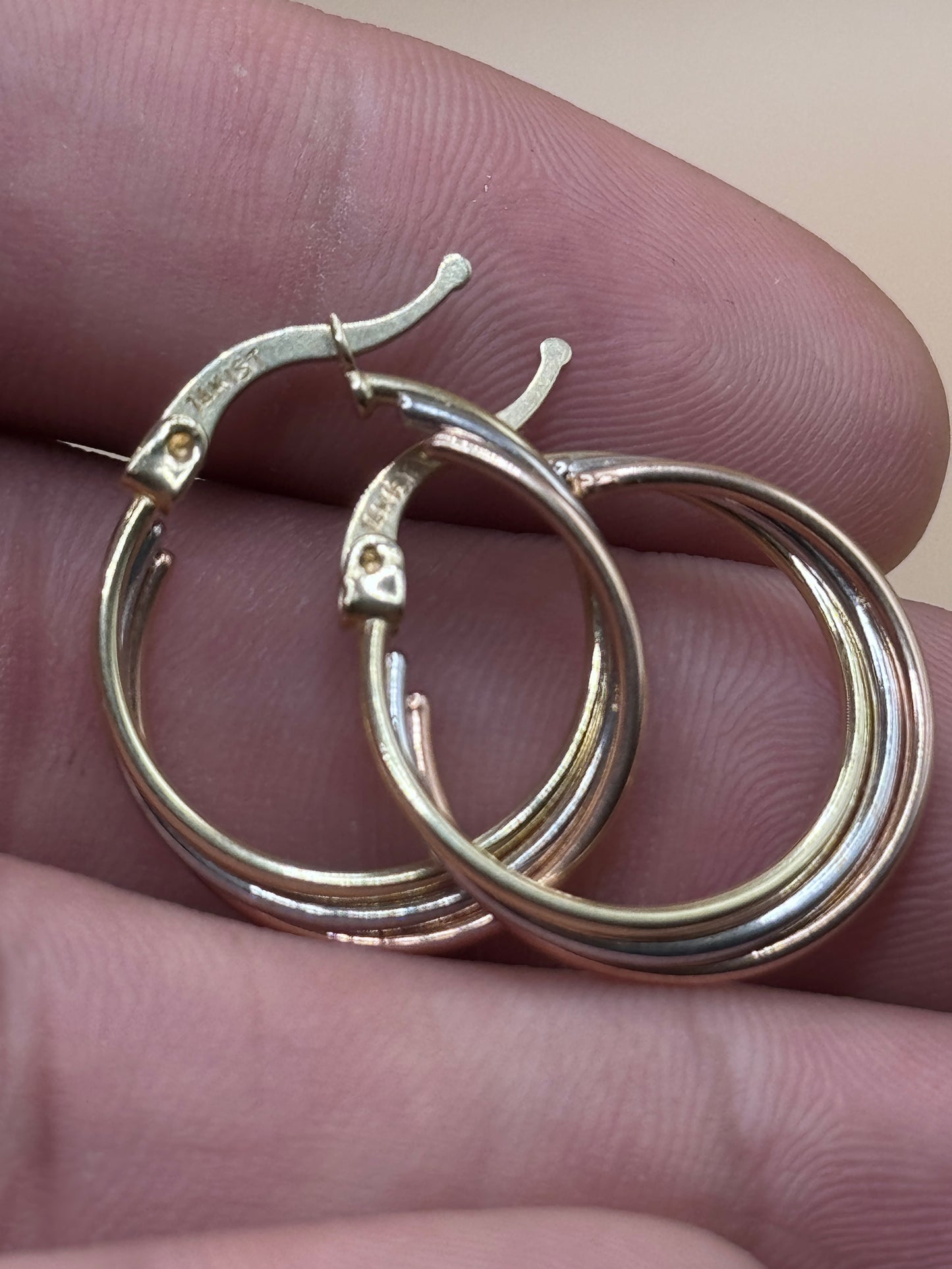 14K Tri Tone Gold Hoop Earrings – White Yellow Rose Gold Hoops, Dainty Everyday Earrings for Women