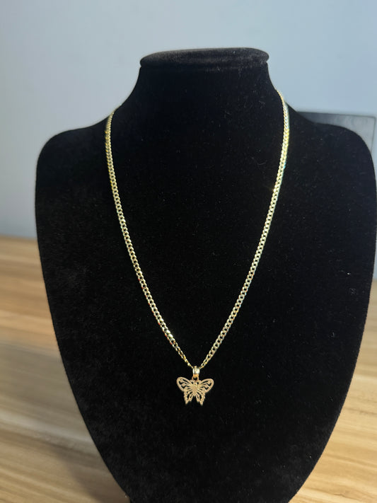 14K Gold Curb Link Necklace – Butterfly Pendant 16”