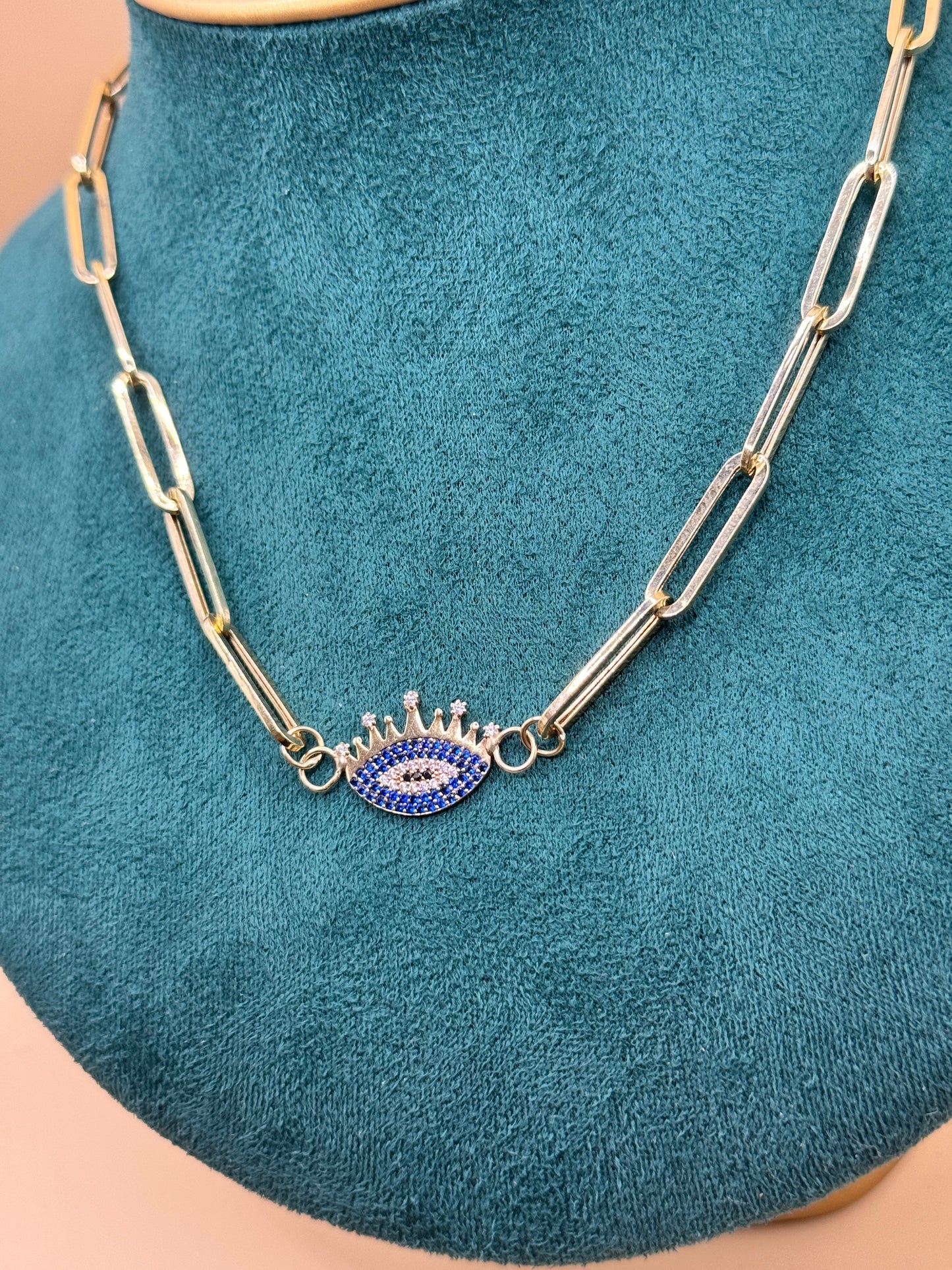 14K Gold Paperclip Chain – 18” with Blue Evil Eye Pendant