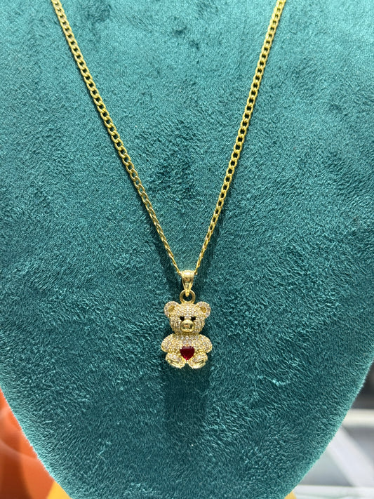 14K Gold Curbed Link Chain 20”inch long 2.4mm with teddy bear pendant necklace for women