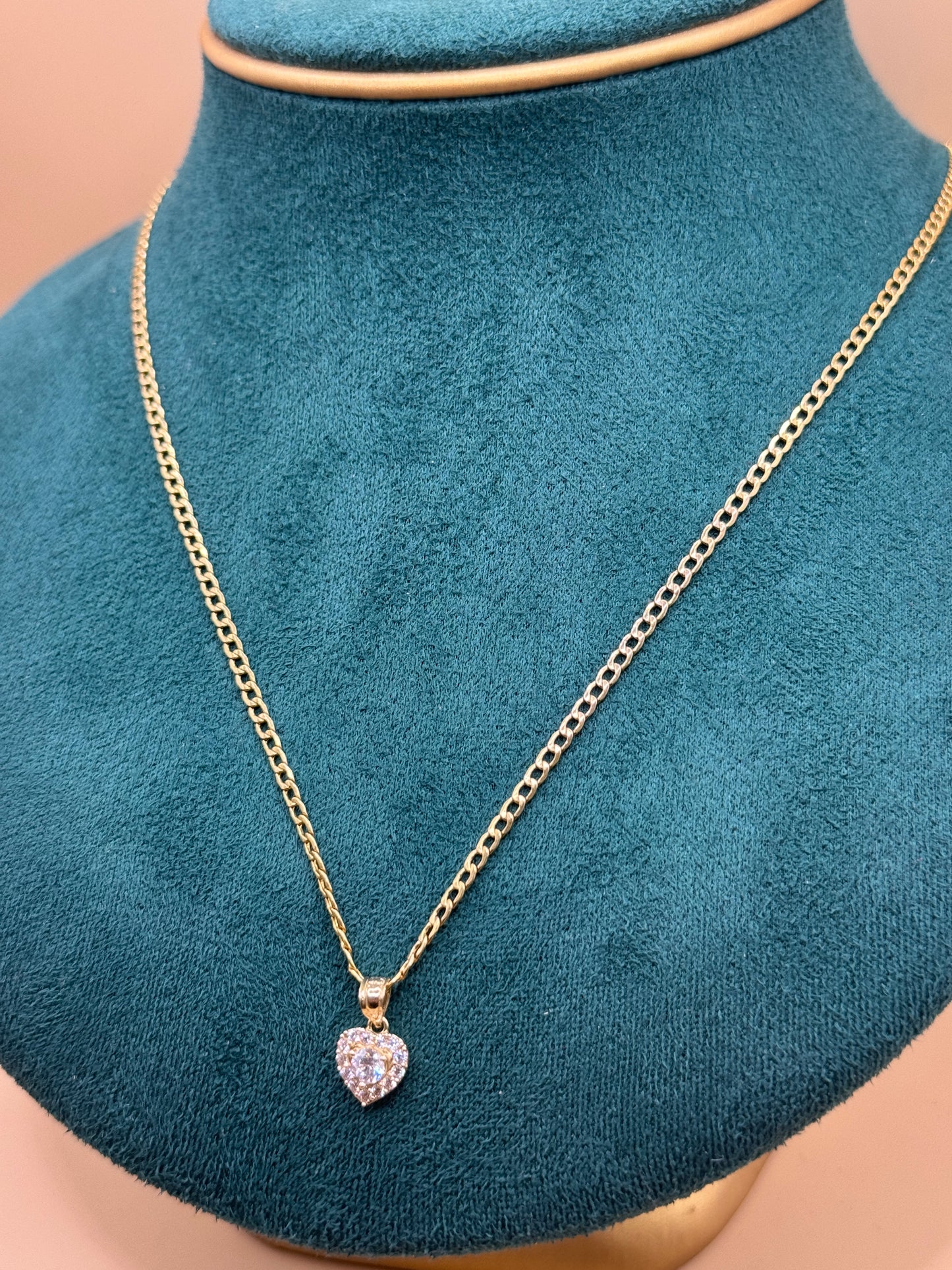 14K Gold Curb Link Chain – 20” with CZ Heart Pendant for her