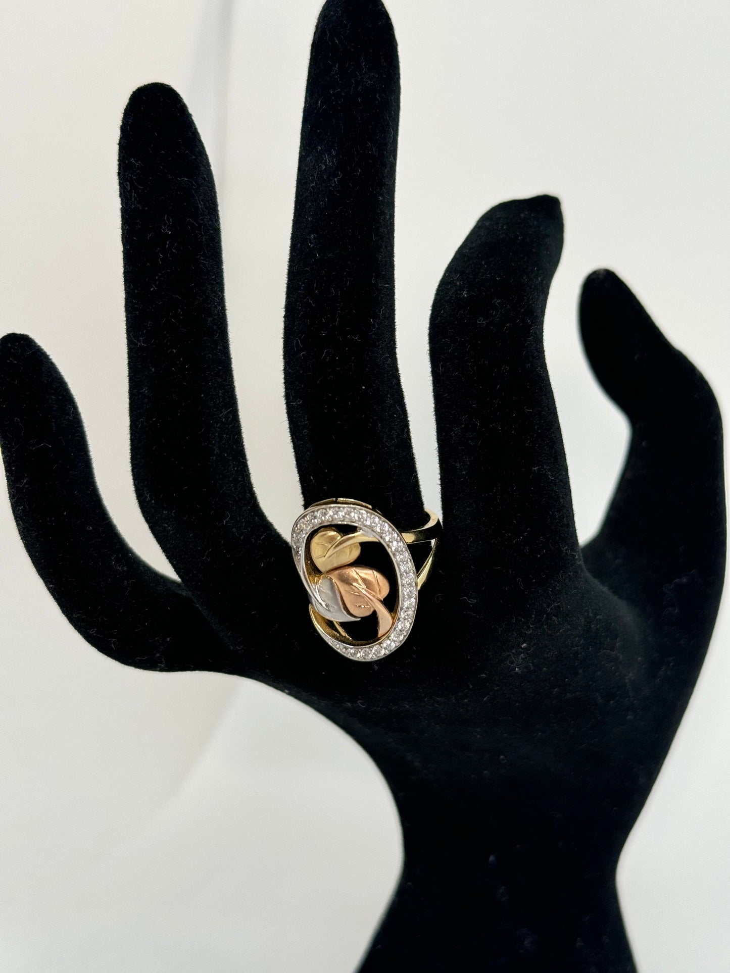 14k gold 3 tone leaf ring for woman with sparkling cubic zirconia