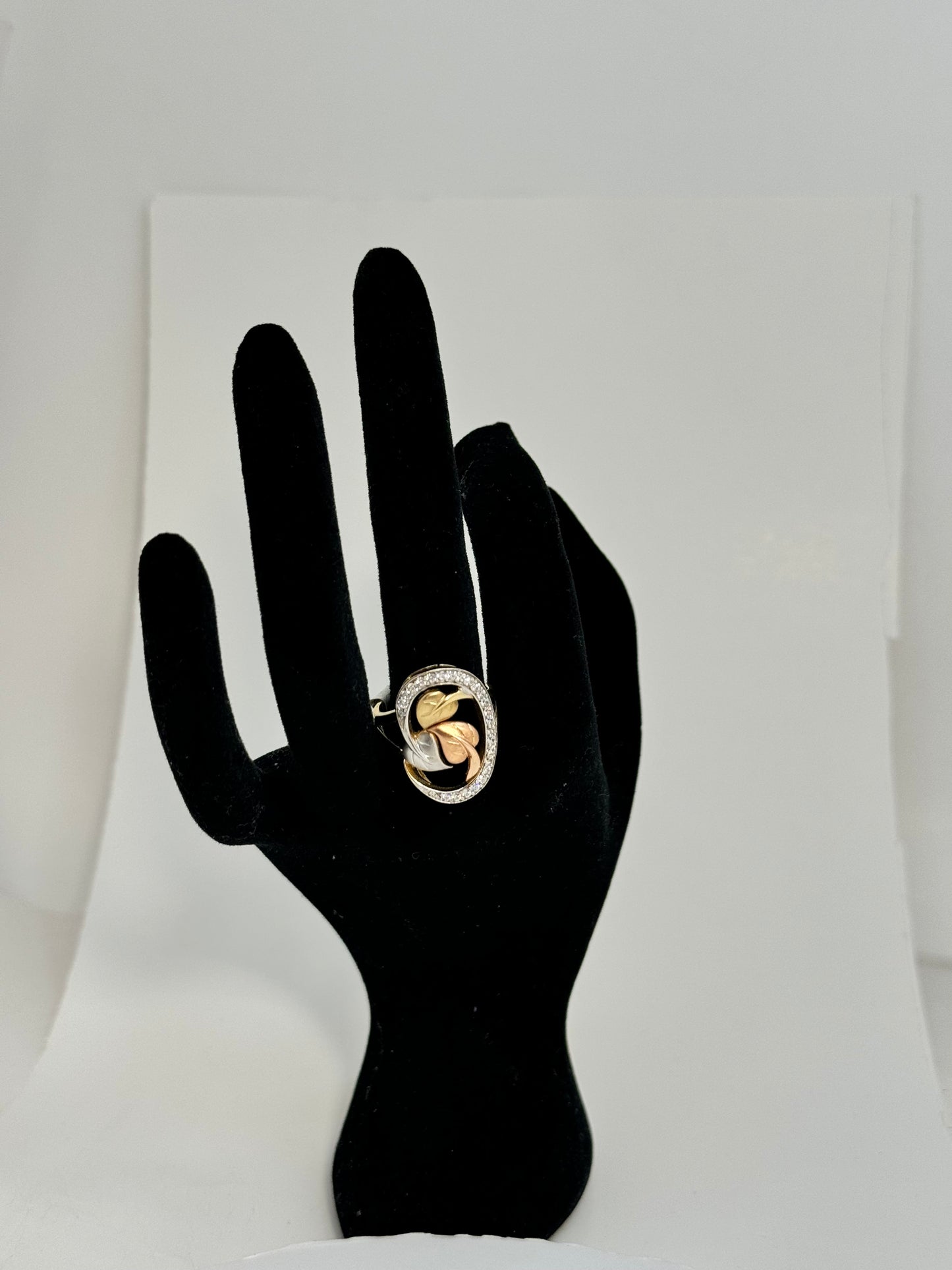 14k gold 3 tone leaf ring for woman with sparkling cubic zirconia