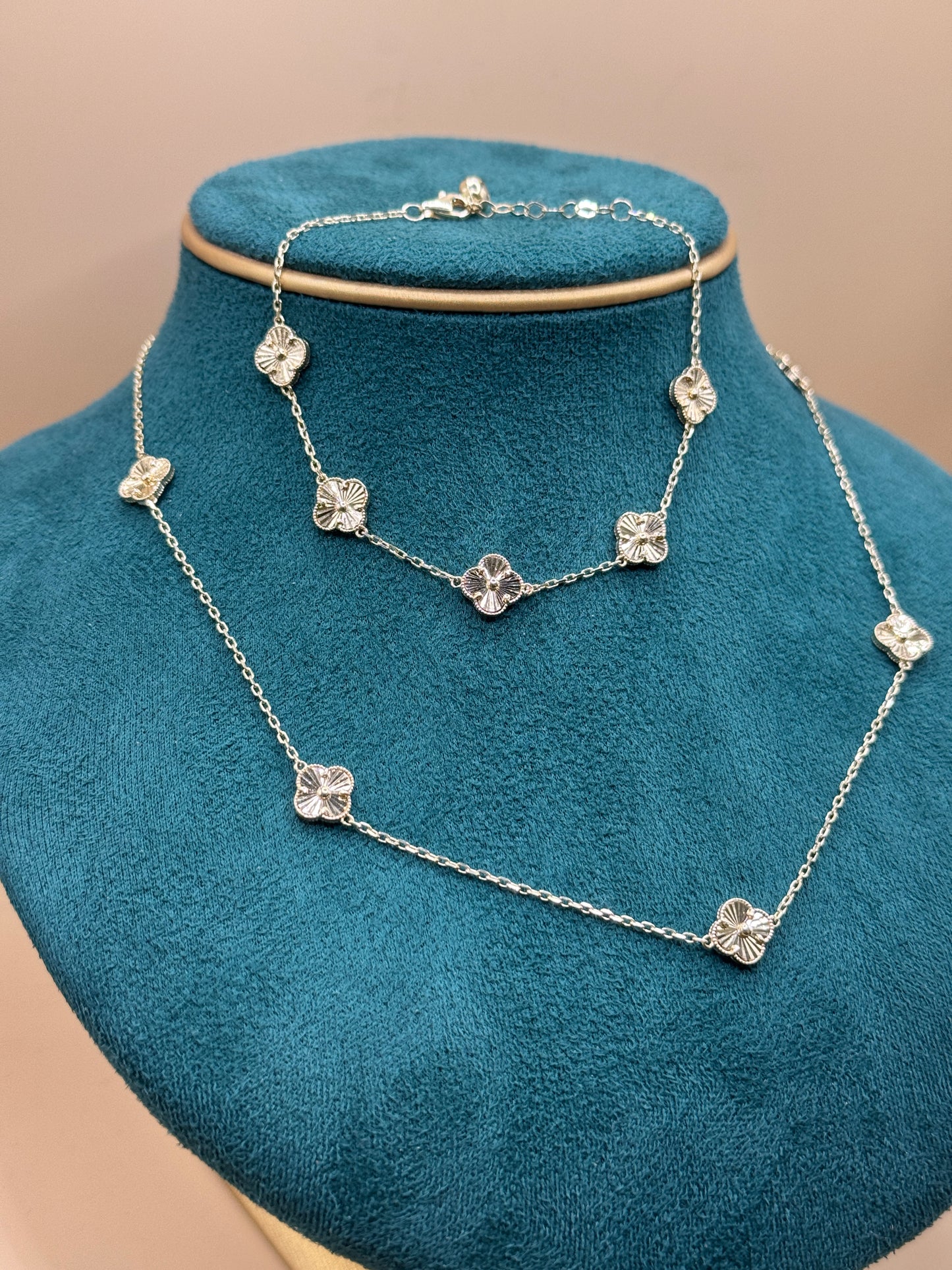 14K Gold Clover Necklace & Bracelet Set – 18” Necklace with 9” Bracelet for women