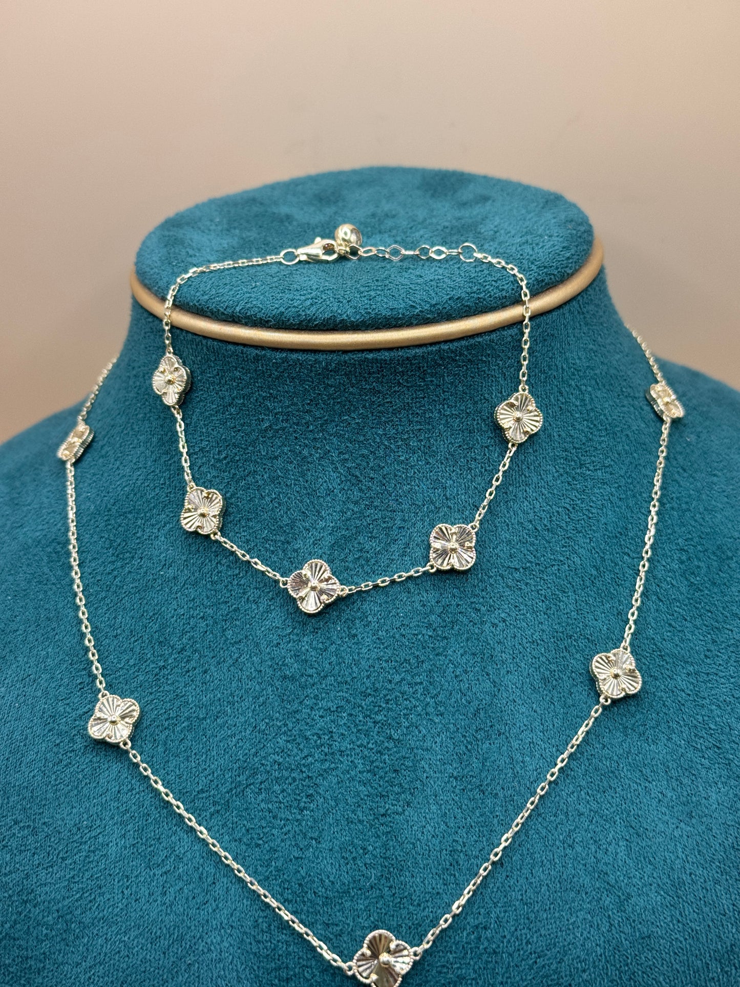 14K Gold Clover Necklace & Bracelet Set – 18” Necklace with 9” Bracelet for women