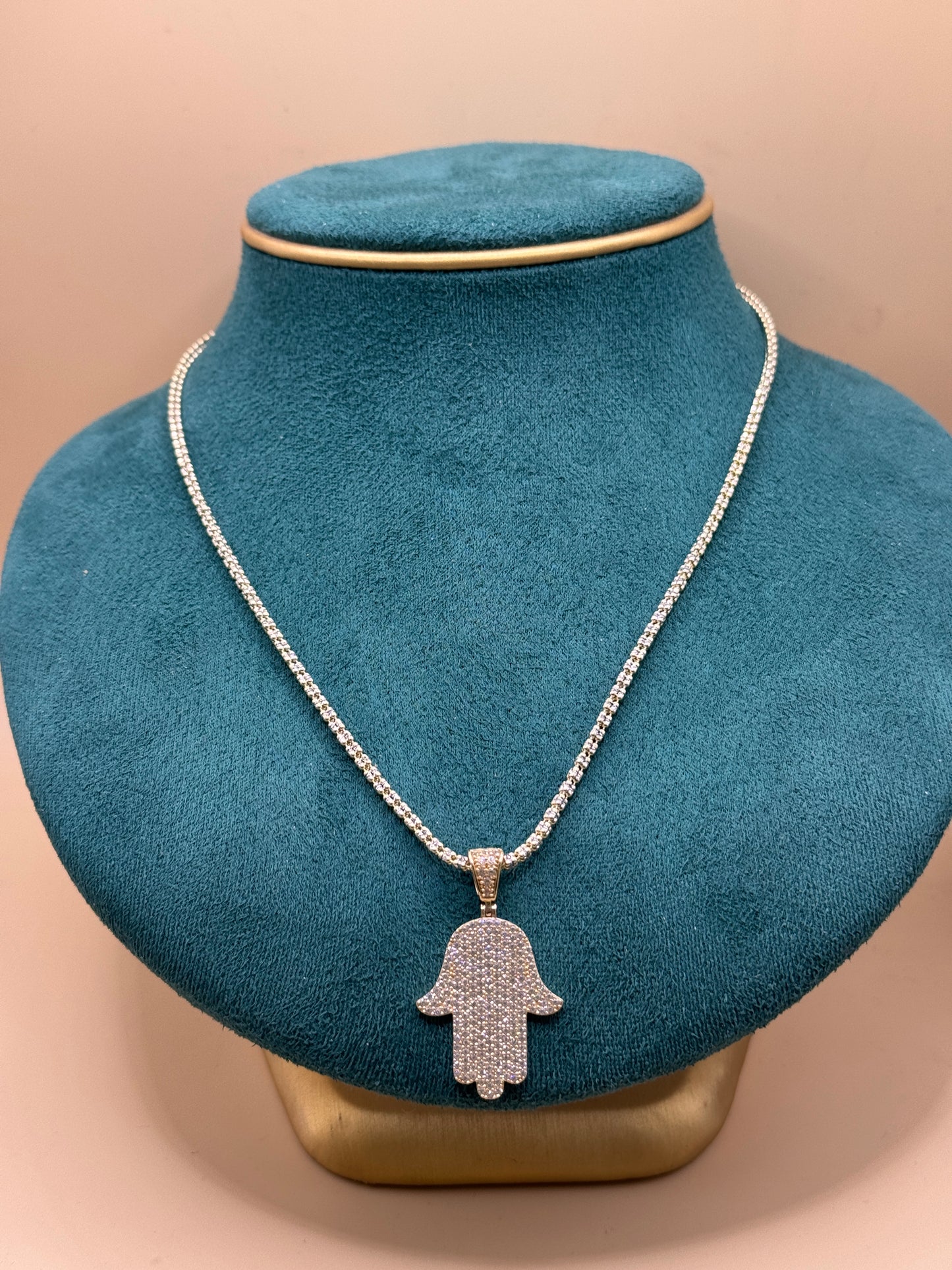 14K yellow Gold Ice Chain – 18” with Hamsa CZ Pendant (3mm Chain)