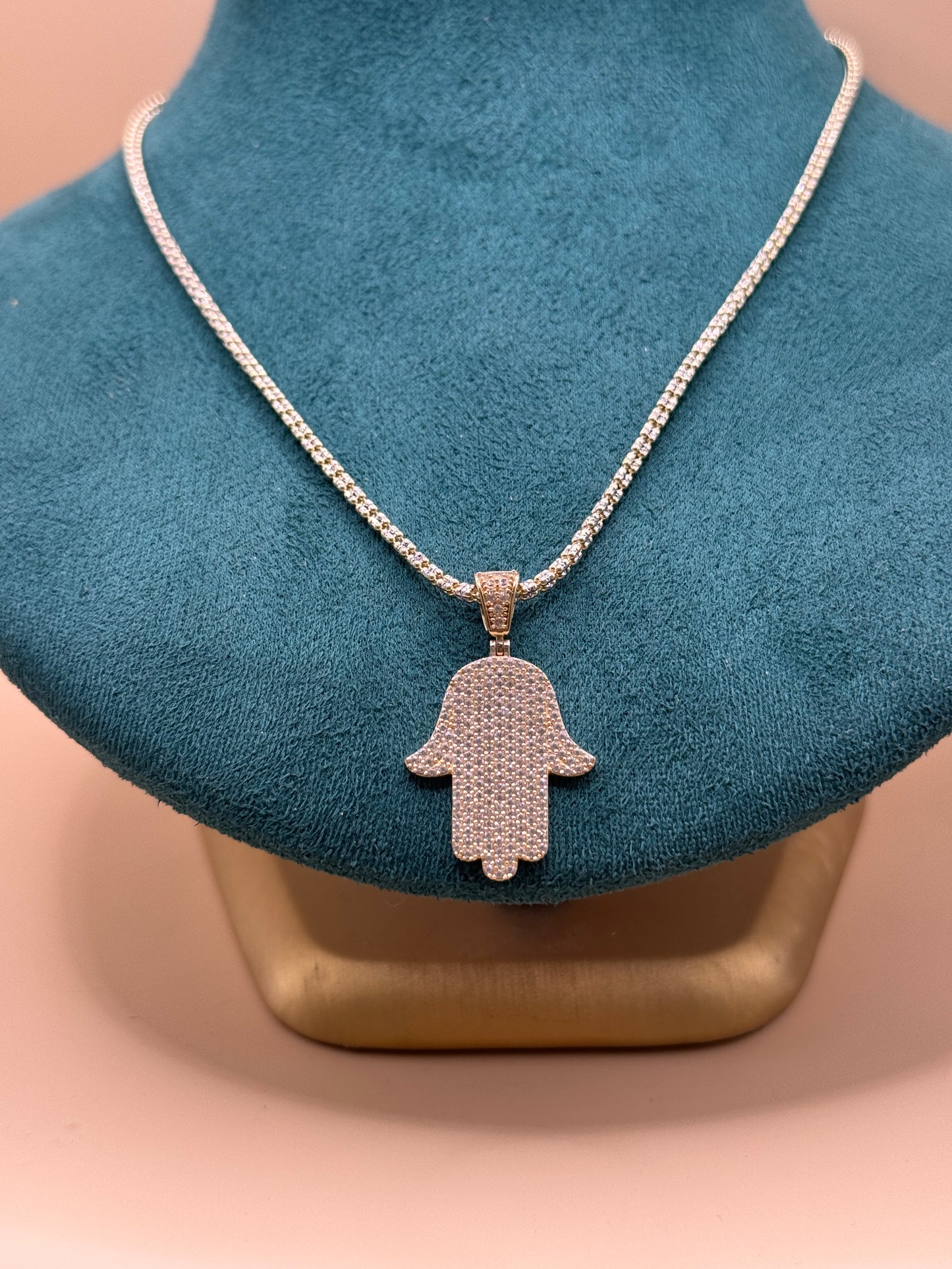 14K yellow Gold Ice Chain – 18” with Hamsa CZ Pendant (3mm Chain)
