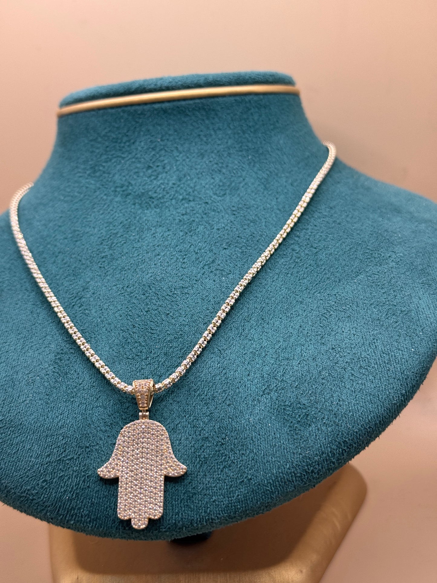 14K yellow Gold Ice Chain – 18” with Hamsa CZ Pendant (3mm Chain)