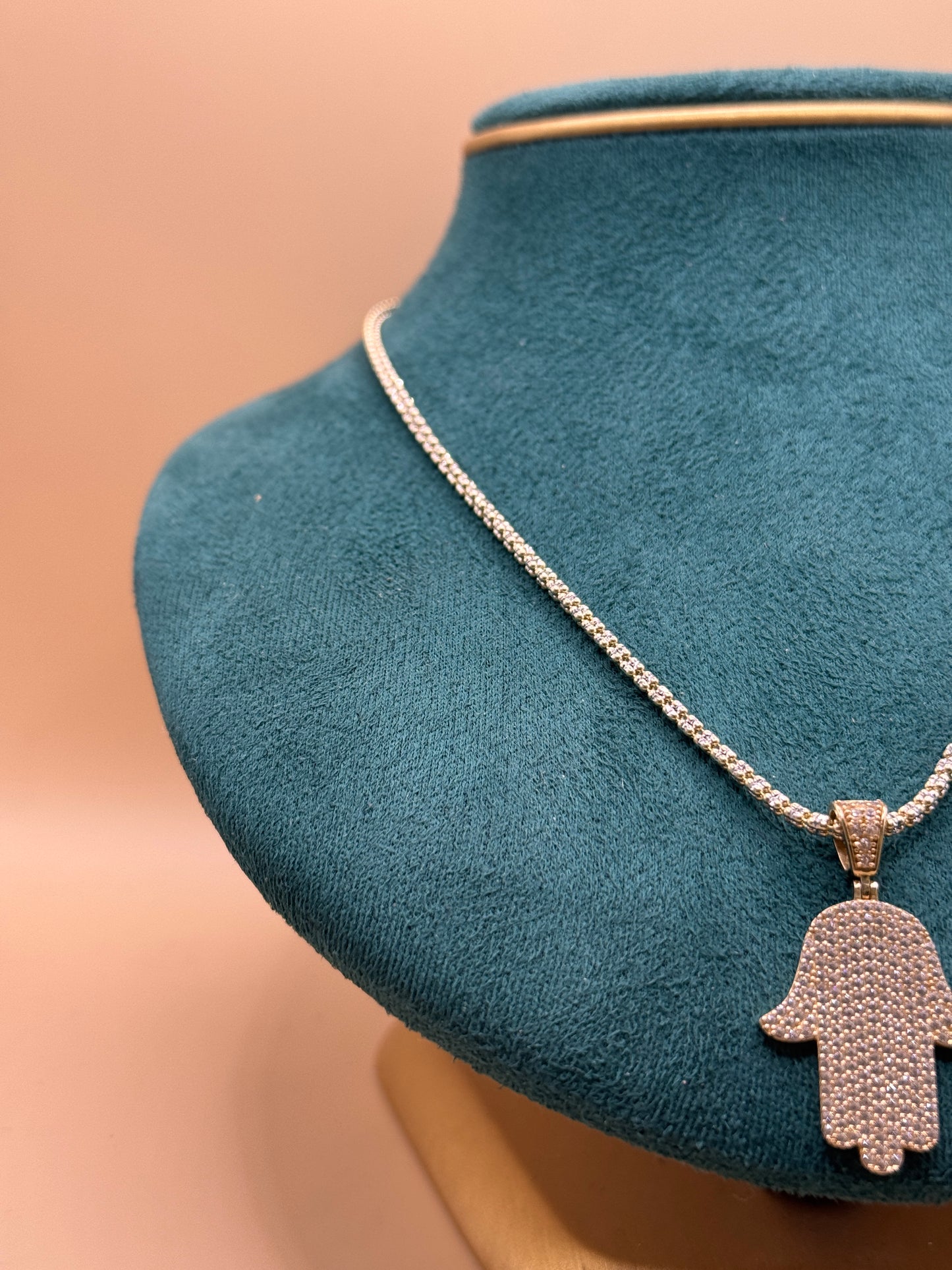 14K yellow Gold Ice Chain – 18” with Hamsa CZ Pendant (3mm Chain)