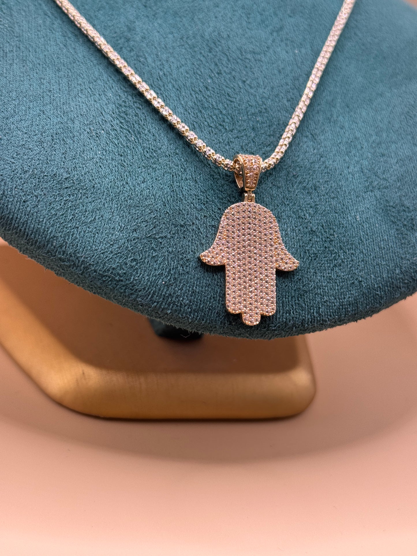 14K yellow Gold Ice Chain – 18” with Hamsa CZ Pendant (3mm Chain)